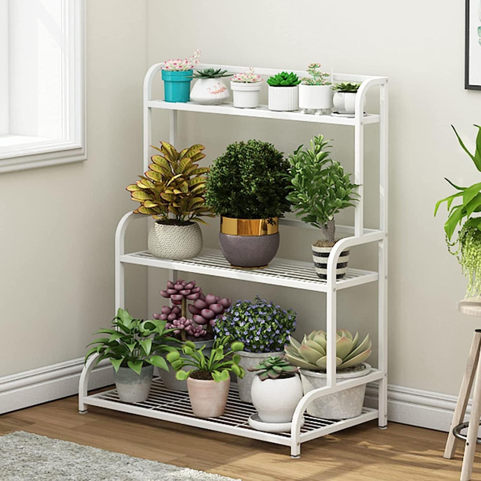 Supporto per Piante a 3 Livelli Portavaso per Fiori in Ferro in Metallo Bianco per Scaffale per Esposizione Bonsai Multiuso per Interni ed Esterni, Portapiante ad Angolo Indipendente