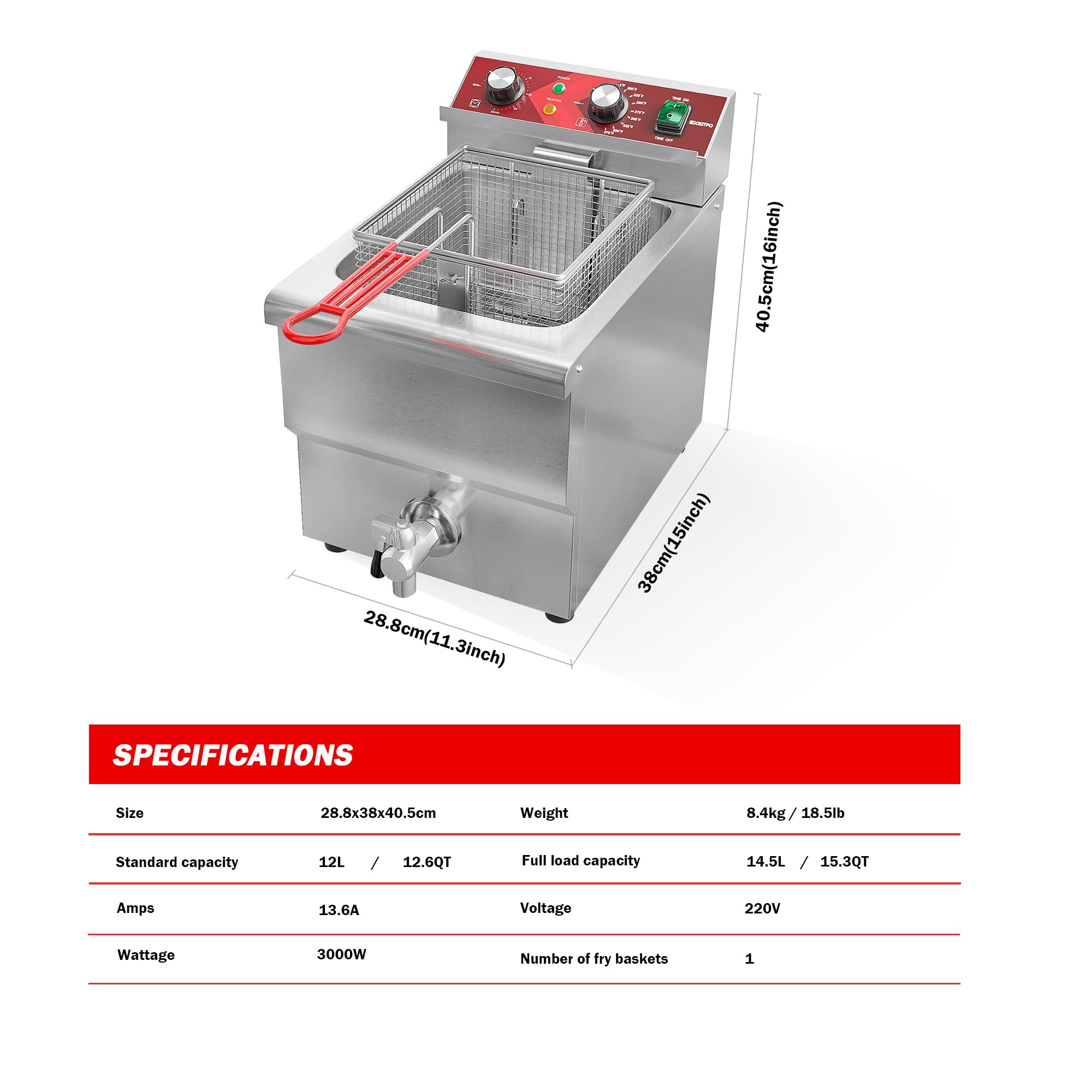 Friteuse EGGKITPO 12 L Grande friteuse électrique avec vidange d'huile et minuterie Friteuse avec panier et couvercle Friteuse de comptoir en acier inoxydable Friteuse commerciale 220V 3000W