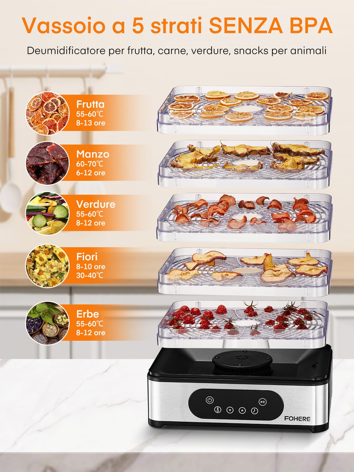 FOHERE Essiccatore Alimentare, 420 W, Essiccatori per Alimenti con 5 livelli, Temperatura 35°C/70°C, impostazione manuale di tempo e temperatura, Essiccatore per Frutta, Verdura, Carne, Senza BPA.