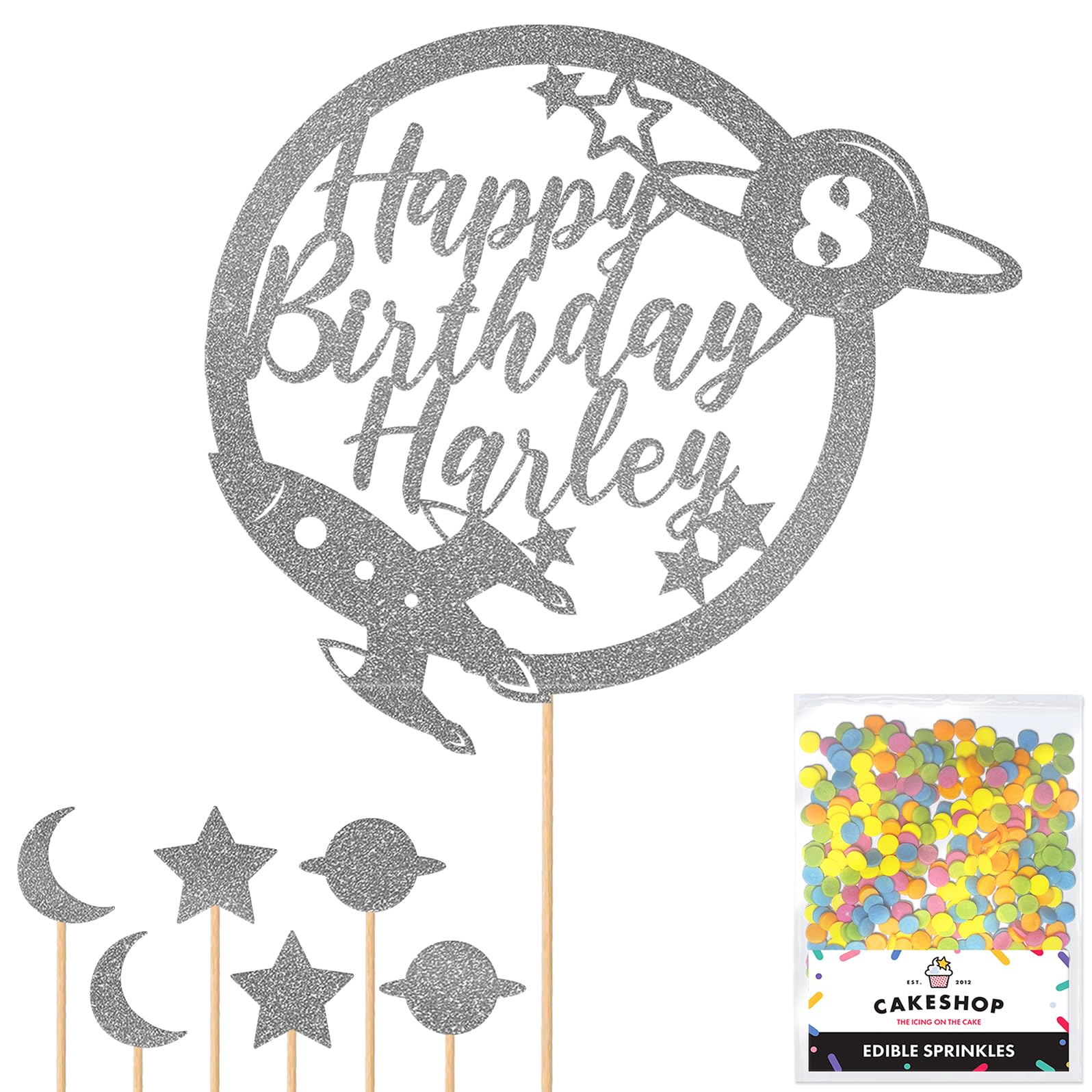 Personalised Space Rocket Planet Glitter Cake Topper Dk Silver Any Custom Age & Name Glitter Cake Decoration and Sprinkles - Happy Birthday Decorations - Personalised Toppers for Cakes by Cakeshop — image 1