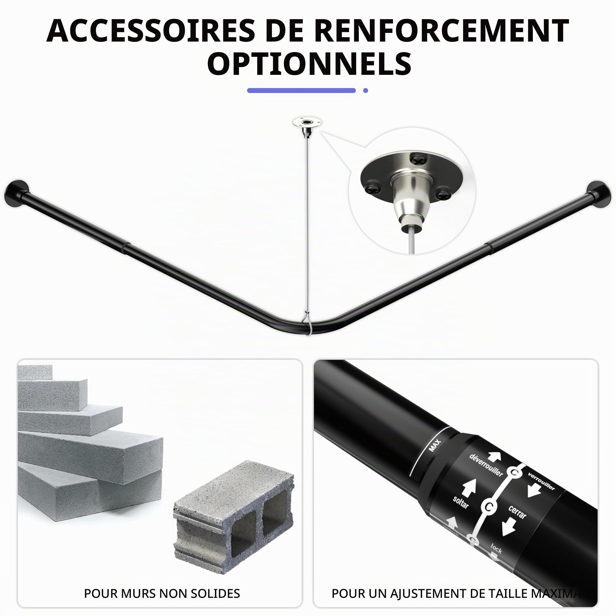 Tringle Rideau Douche Angle en Forme de L, Tringle Douche Réglable 62-94x141-174 cm, Baignoire et Douche, Tringle à Rideau de Douche en Acier Inoxydable avec 16 Anneaux, Noir