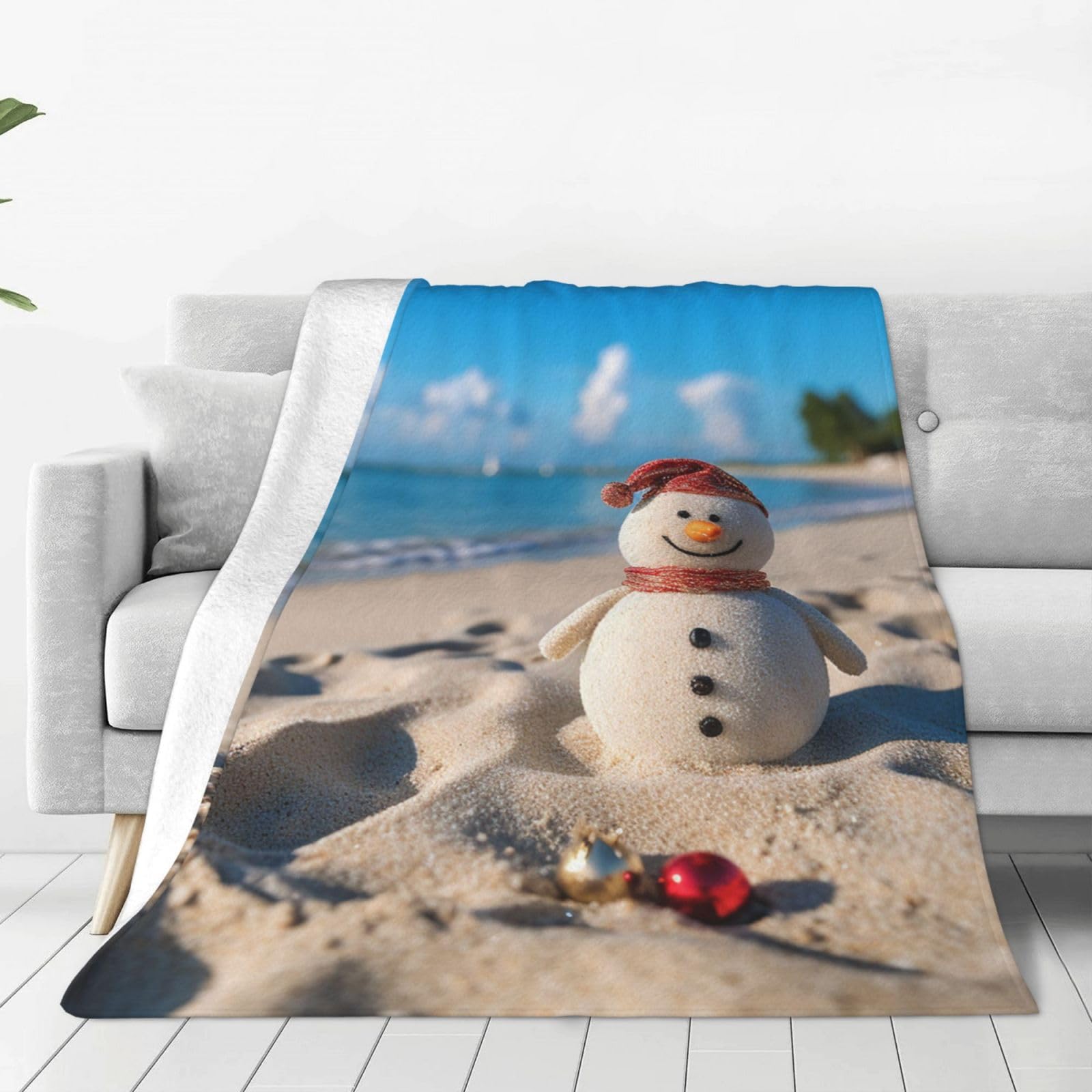 KLOPH Sand Snowman on Beach Throw Blanket 40"x30" Flannel Fluffy Warm Blanket for Couch, Reversible Plush Blankets for Bed, Comfy Fuzzy Blanket for Sofa, Plush Lightweight-Blankets for All Season