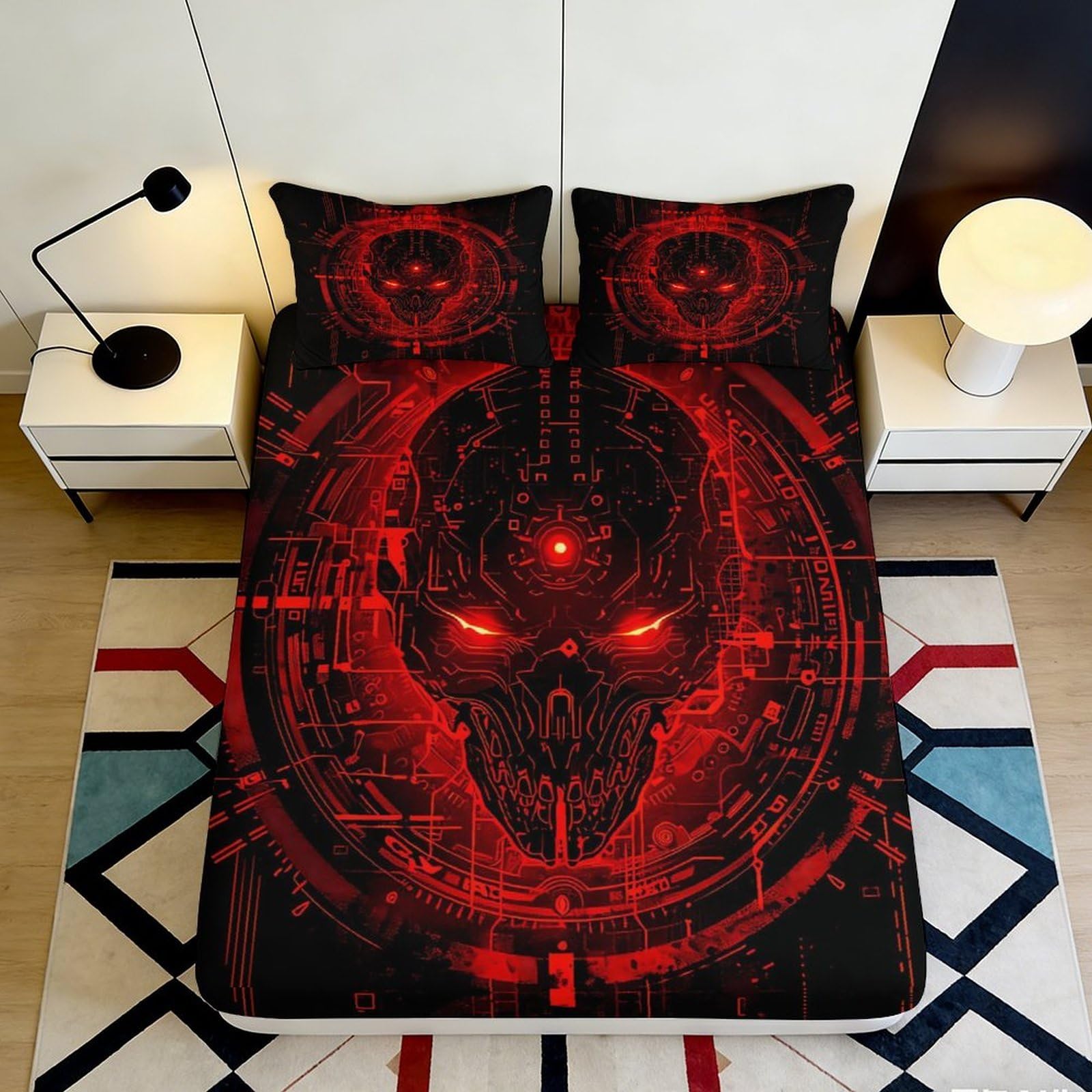 3D Printed Red Cyber Skull Fitted Sheet Microfiber Soft Breathable Digital Skull Bed Sheet for Bedroom Dormitory Guest Room Mattress Protection Decor 200x200x25cm