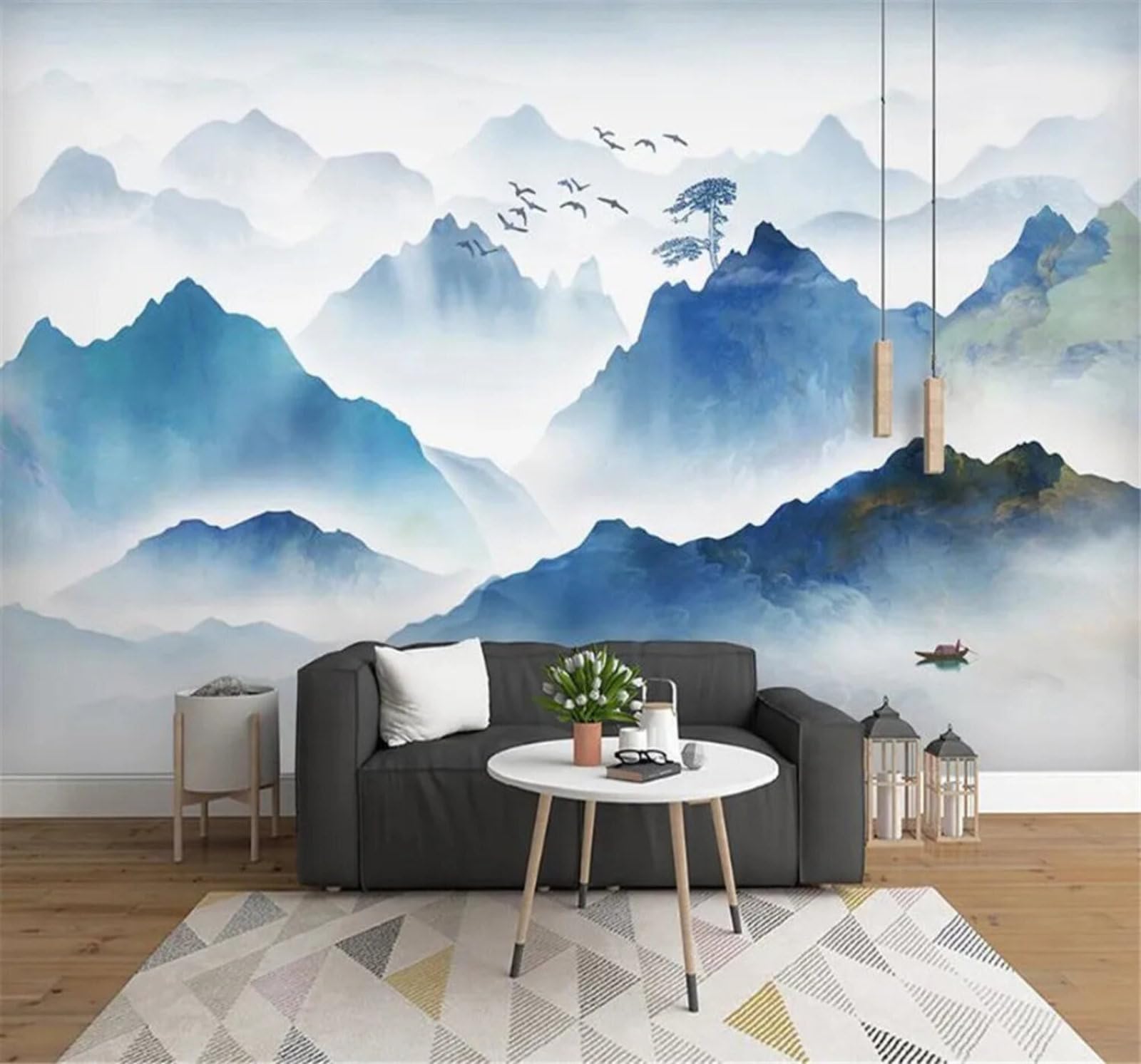 Tzxztt Blue Ink Mountain Peaks Birds in Flight Scenery Modern 3D Wallpaper Premium Textured Silk Neutral Tones Material Ideal for Living Room Bedroom-150cm×105cm