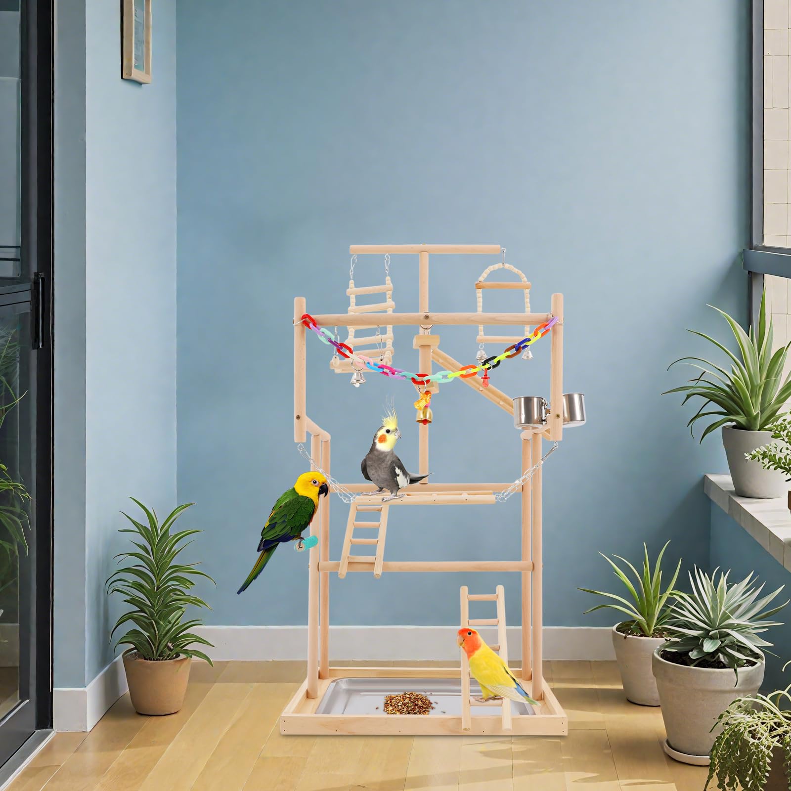 Papageien-Spielplatz aus Buchenholz mit Edelstahl-Futterbechern, Holzschaukel, Leiter, Bunte Kunststoffkette für Haustiere, Vogelspiele, 48*33.5*94.5 cm, XL