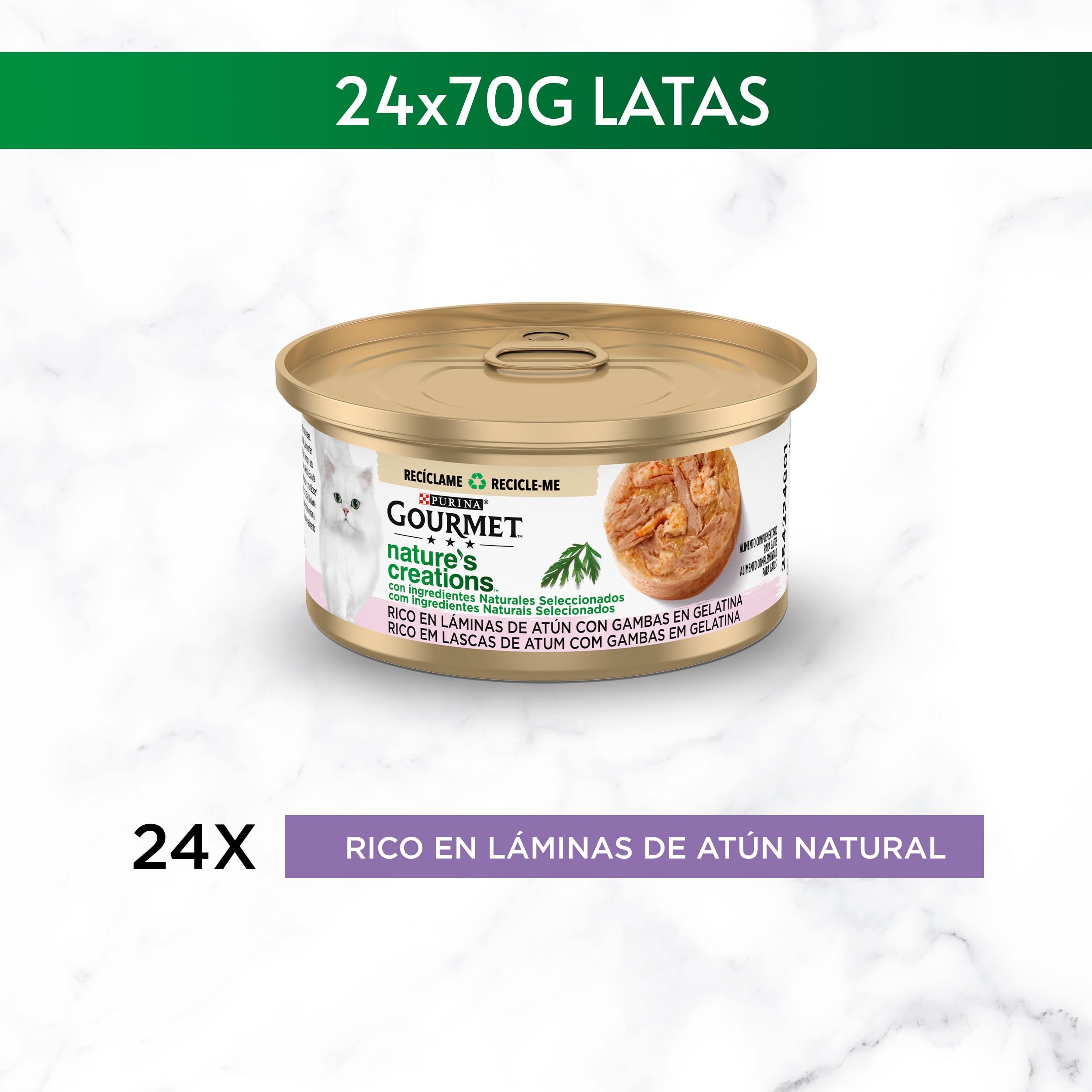 Purina Gourmet Nature's Creations Comida Húmeda para Gato con Atún y Gambas, 24 latas de 70g