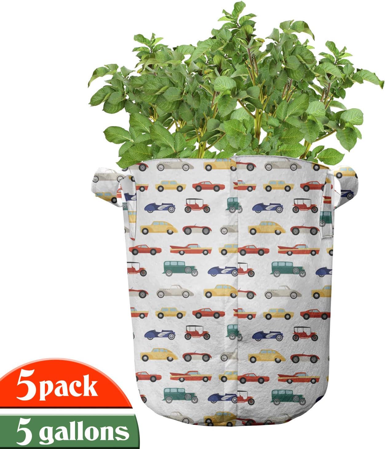 Lunarable Cartoon Grow Bags 5-Pack, Vehicles Transportation, Heavyduty Fabric Pots with Handles for Plants, Multicolor