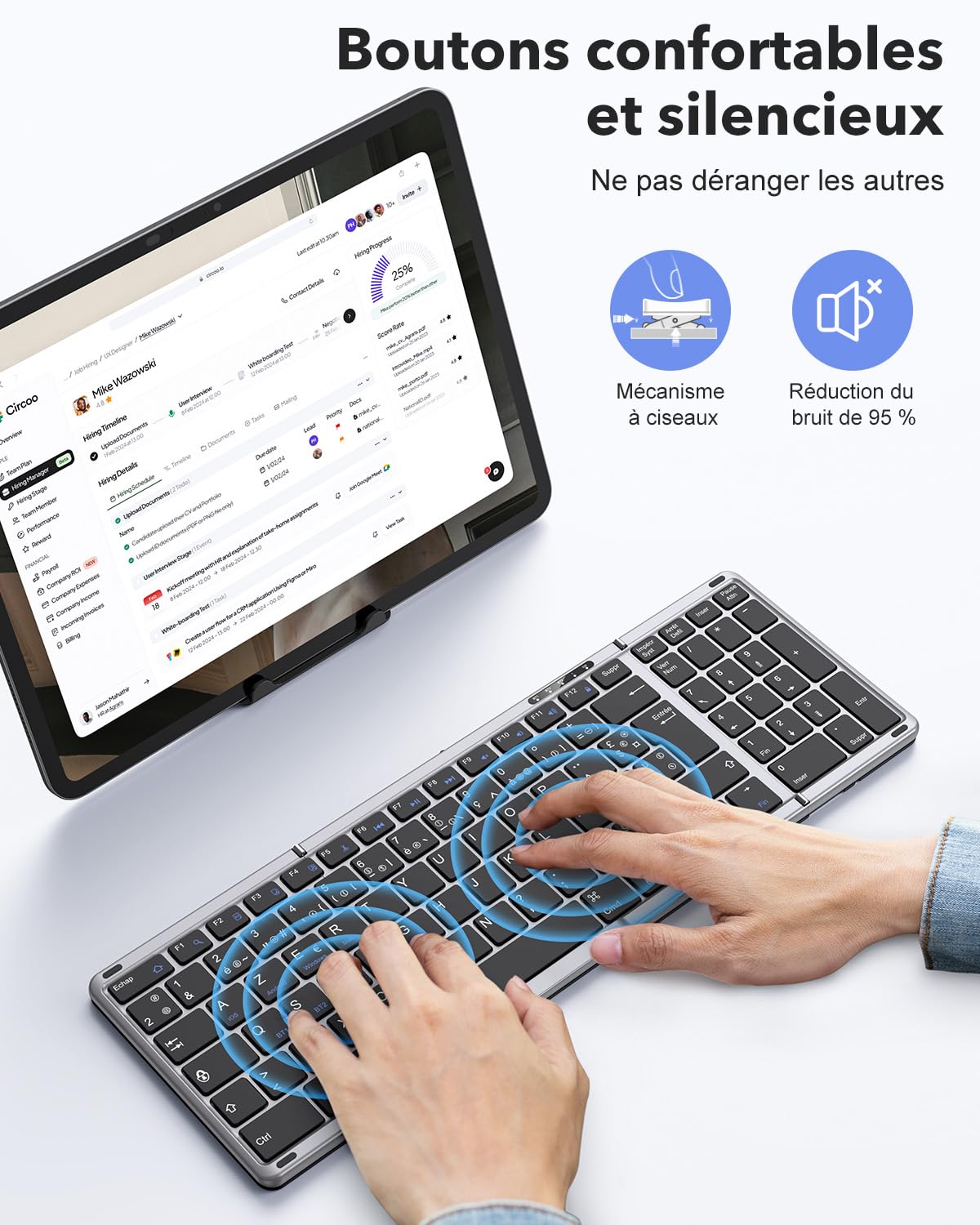 OMOTON Tastiera e mouse wireless pieghevole con tastierino numerico, tastiera bluetooth AZERTY ricaricabile, full-size portatile Keyboard per Android Windows iOS Mac iPad Tablet PC - grigio siderale