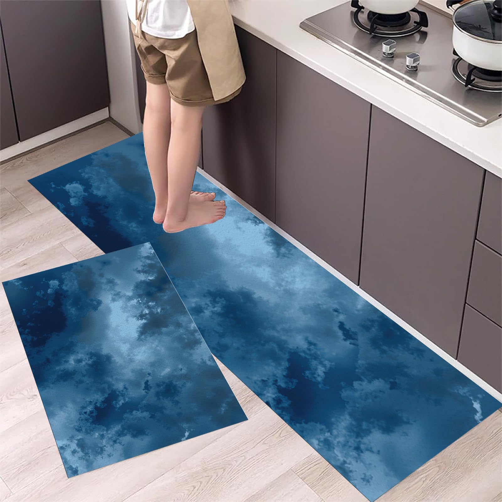 Tapis de cuisine nuages bleus abstraits lot de 2 pour couloir et chambre
