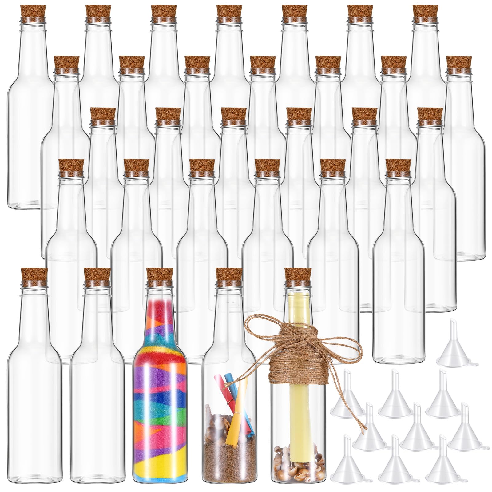 Tanlade 30 botellas de plástico para arte de arena con tapones de corcho de 5.6 onzas, botellas transparentes de poción con embudos de plástico para manualidades, bodas, fiestas de cumpleaños