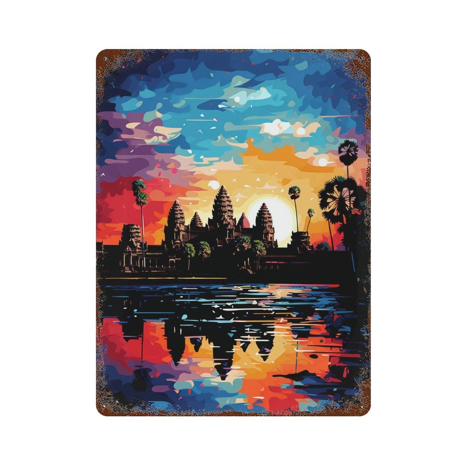 Angkor Wat Sunset Reflection-8 Rust Effect Tin Sign 15.7"x11.8", Rustic Home Decor for Cafe, Home Bar And Lounge Decor