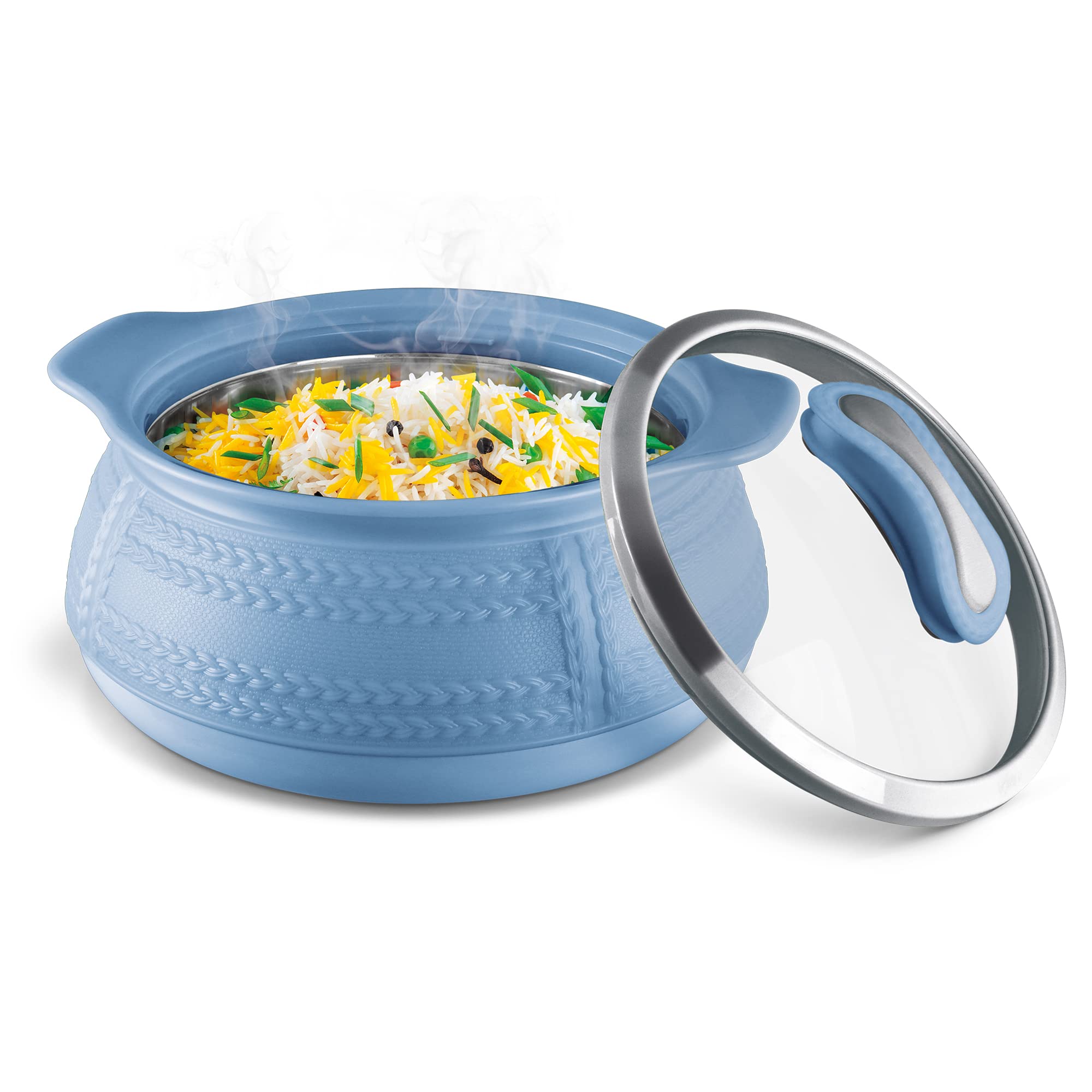 MILTON Weave 2500 Insulated Inner Stainless Steel Casserole with Glass Lid, 2.48 litres, Blue | BPA Free | Food Grade | Easy to Carry | Easy to Store | Ideal for Chapatti | Roti | Curd Maker (B09LRCWHLB) Amazon Price History, Amazon Price Tracker