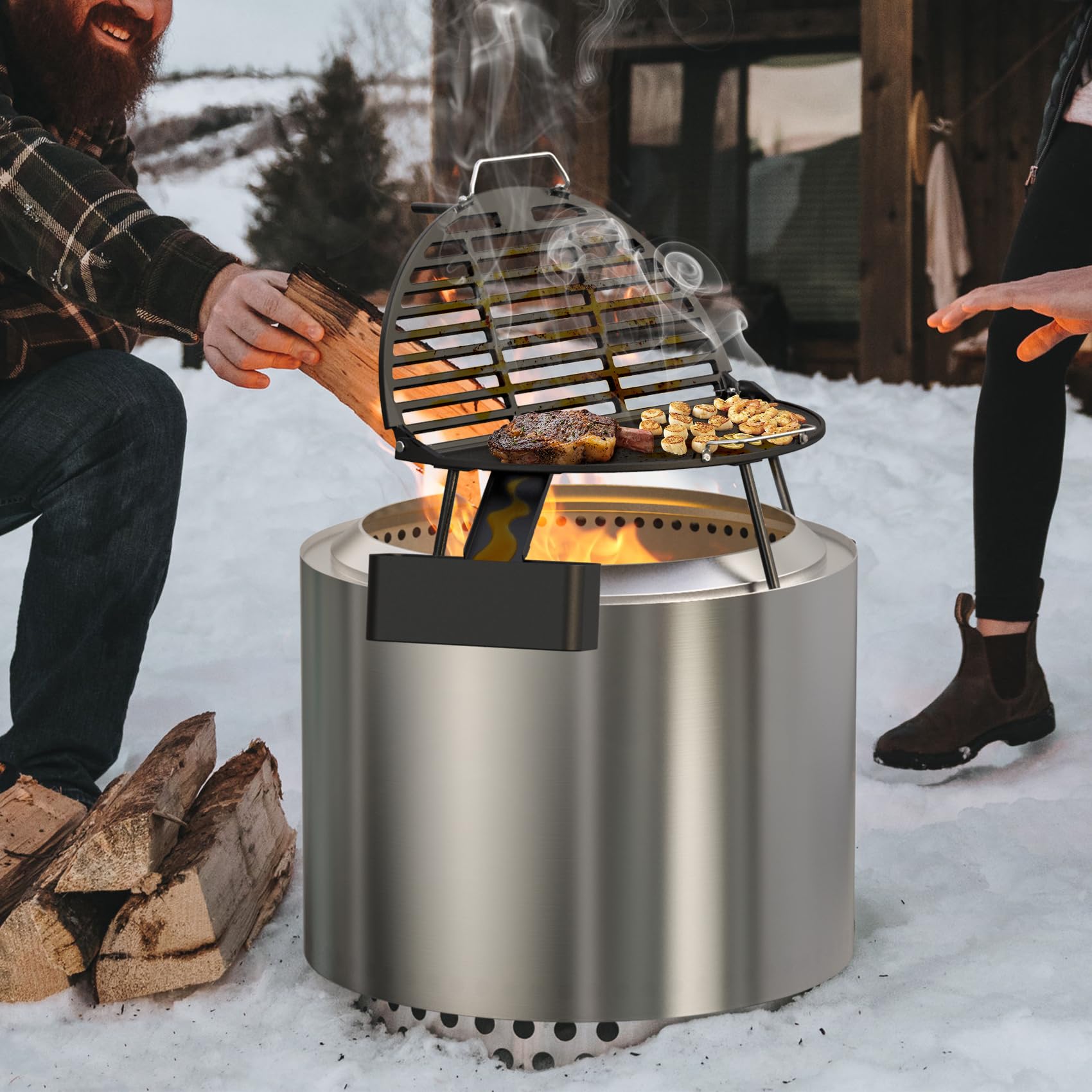 Onlyfire Cast Iron Grill Plate for Solo Stove Bonfire 19.5 Fire Pit, Grill Grates with Detachable Stand and Handle, Plancha for Vegetables, Meat