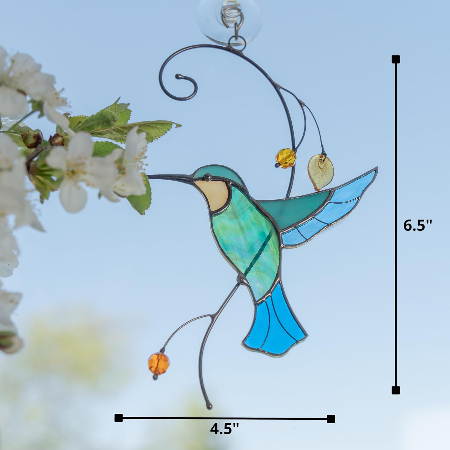 Glass Art Stories Handmade Turquoise Hummingbird Stained Glass Suncatcher – Window Hanging Bird Art for Home or Garden Decor
