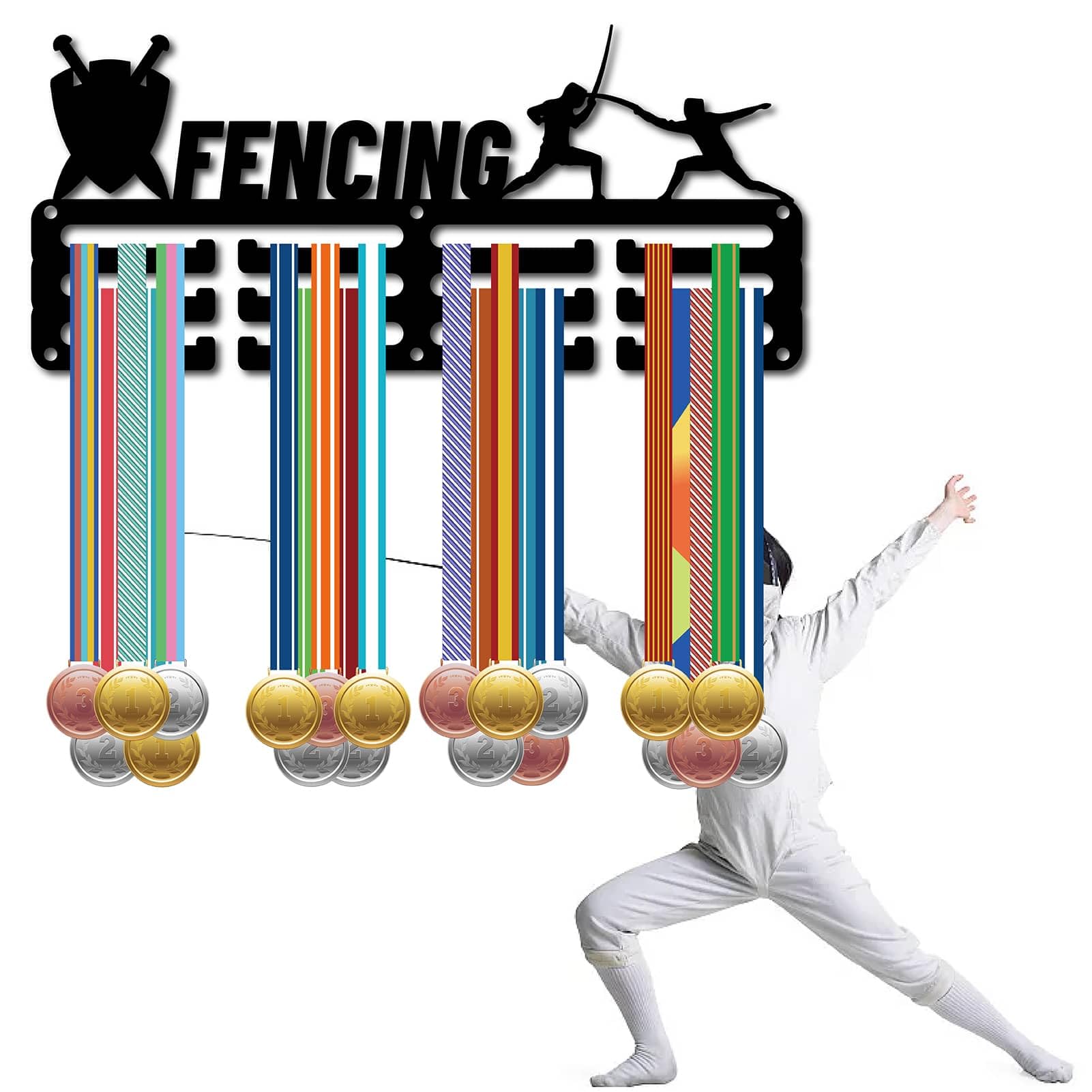 CREATCABIN Perchas para Medallas Esgrima,Soporte para Medallas,Estante Exhibición para Deportes,Premios Colgantes Metal,Hierro,Decoración Montaje Pequeño para Pared,Hogar,Carrera,Correr,Negro,29x13cm — view 7