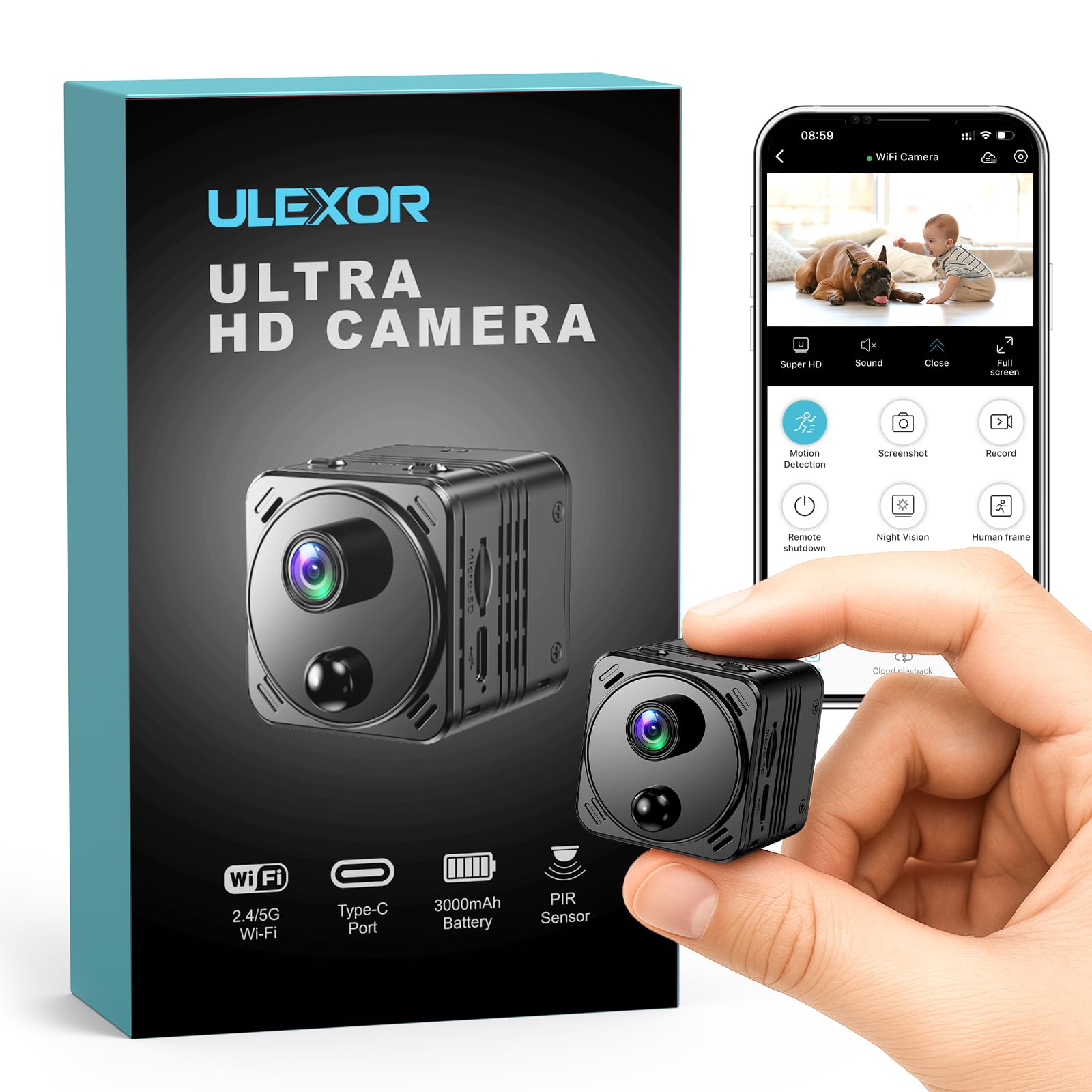 ULEXOR 4K Mini Kamera 2,4/5GHz WLAN Überwachungskamera Innen WiFi Camera mit Live Übertragung aufs Handy, PIR Bewegungserkennung, Nachtsicht, Cloud Speicher, Lange Akkulaufzeit