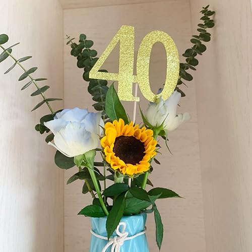 Miniatura 5 de Paquete de 10 palos de centro de mesa de aniversario con purpurina de doble cara con 40  cumpleaños, decoración de mesa número 40 para decoración de