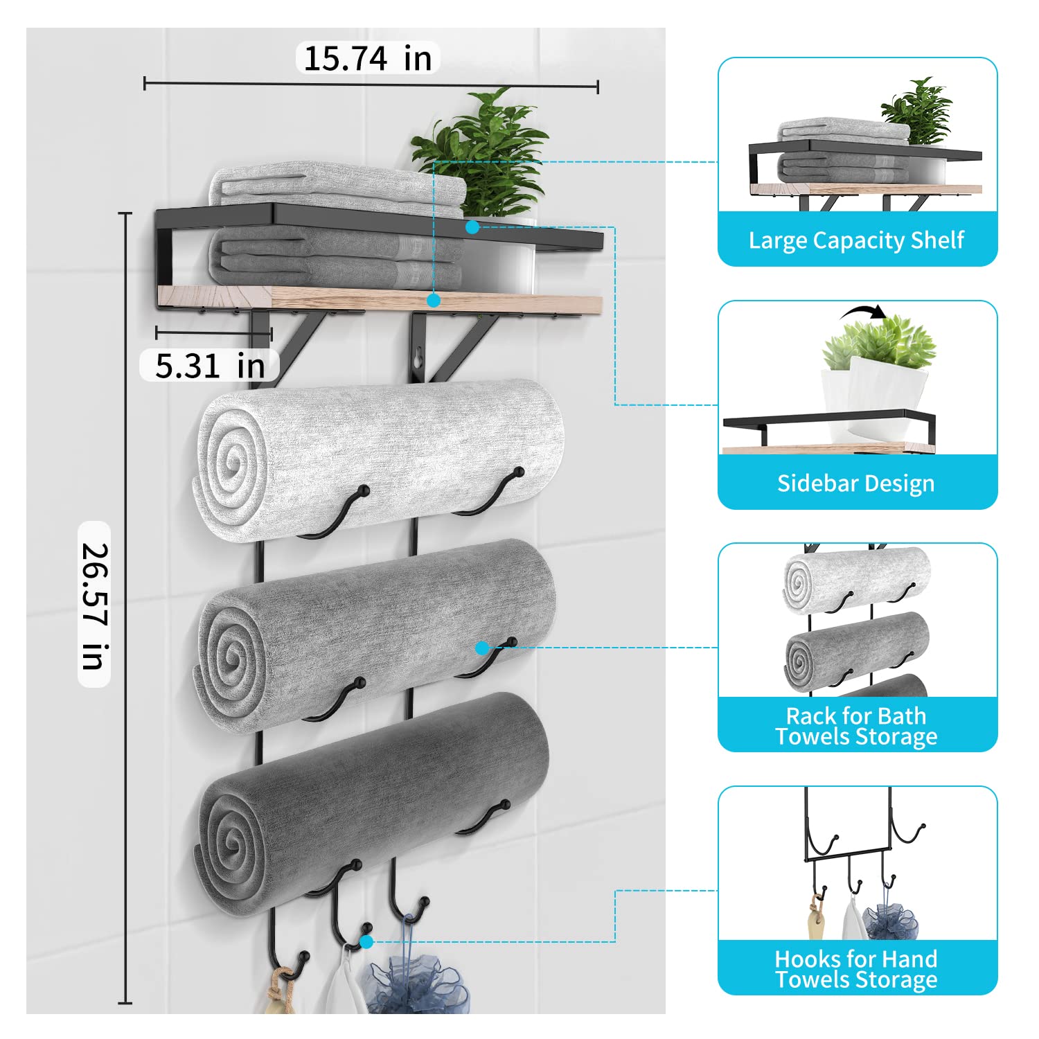 Xstydes Towel Holder, Towel Rack Wall Mounted, Bath Towel Holder Storage with Wooden Shelf and 3 Hooks, Towel Racks for Bathroom Organizer Decor or RV Camping, Black