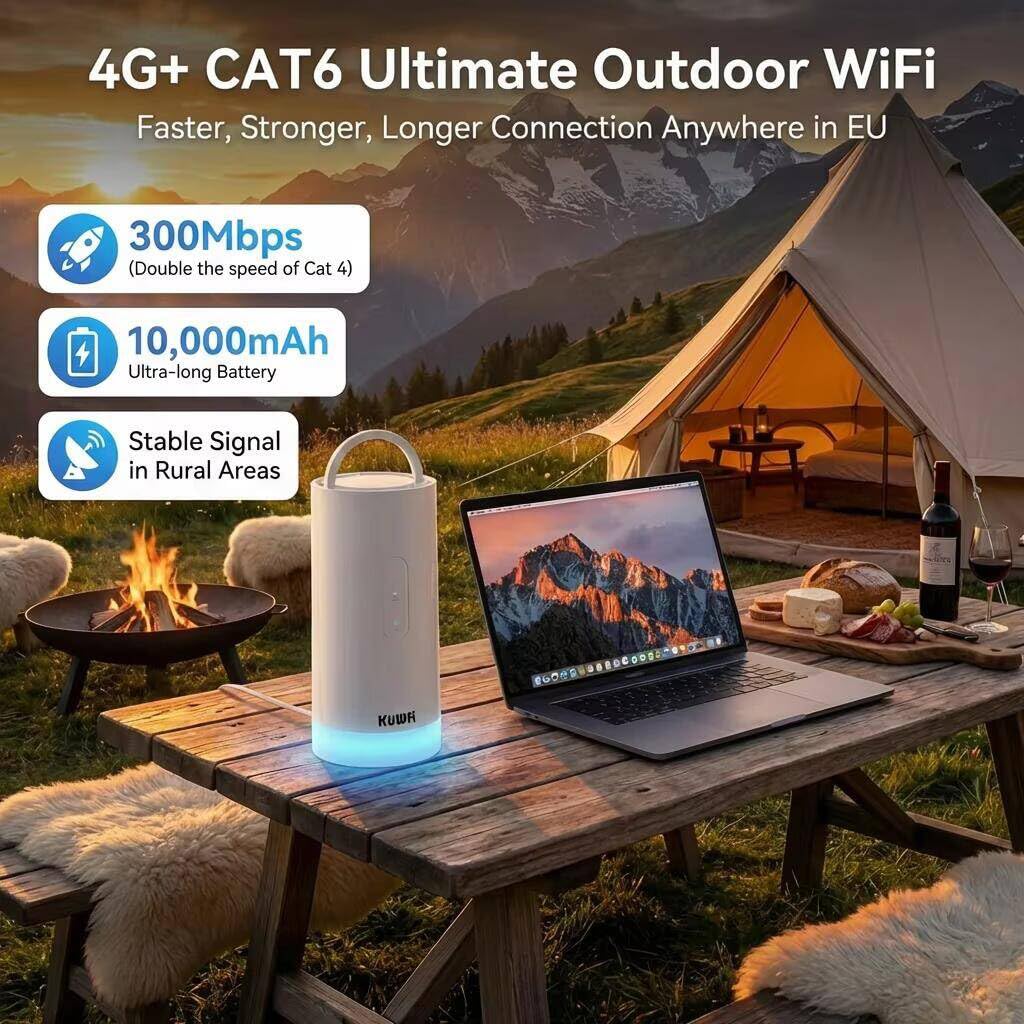 KuWFi Routeur WiFi 4G+ Cat6 AC1200 Double Bande, Emplacement SIM, 10000mAh | Internet haut débit 900 Mbps, ports Ethernet LAN/WAN, connexion portable pour camping-car et camping, avec lampe intégrée
