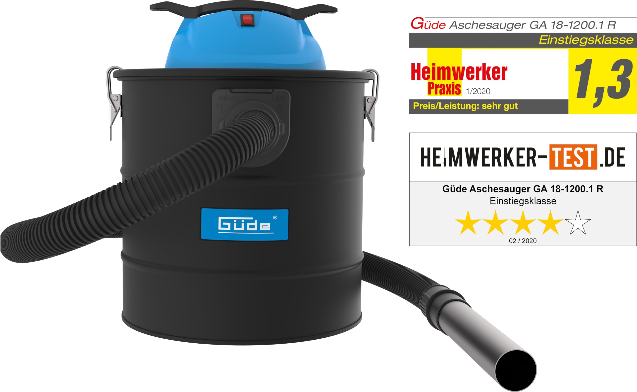 Güde GA 18-1200.1R - Aspiratore per cenere, 230 Volt, 1200 Watt, 18 kilopascal, contenitore da 18 litri, con filtro HEPA, funzione autopulente, tubo di aspirazione in metallo e tubo di aspirazione in