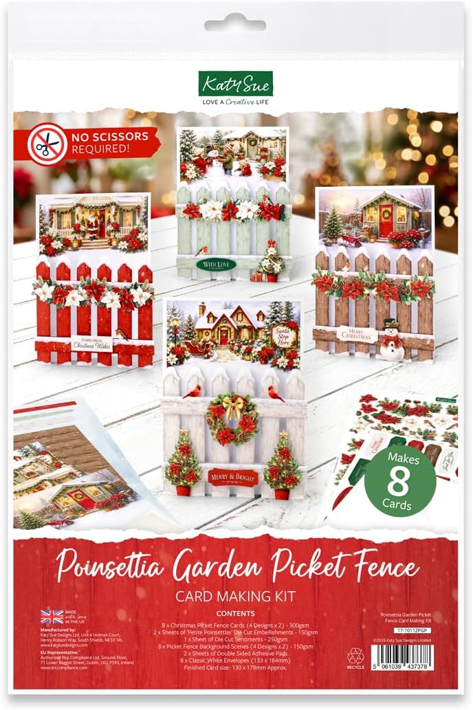 Katy Sue Poinsettia Garden Picket Fence Christmas Card Making Kit