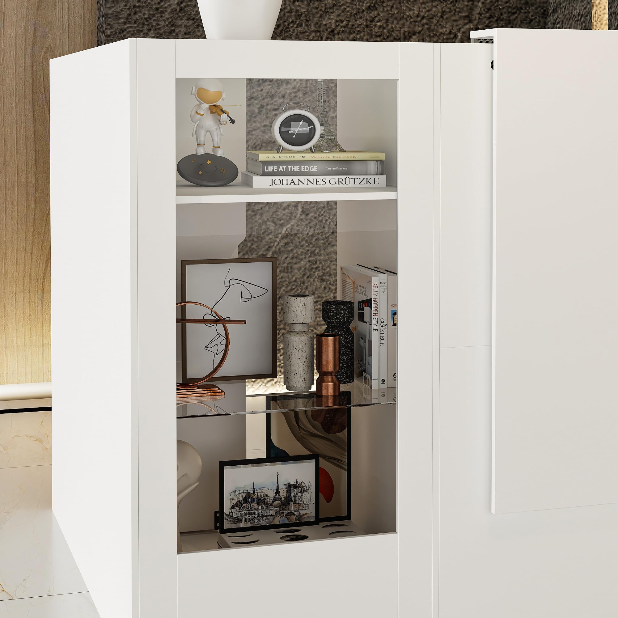 Cassetto angolare bianco con cassetto tastiera e 2 armadi, cassette ricezione con strisce luminose e vetro tempered, tavolo reception 120x122