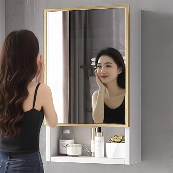 Waterproof Mirror Cabinet, Washstand, Storage Extension, Fog Free Bathroom Mirror Storage Included, Left Open, Large Capacity, Space Aluminum + Solid Wood, Rust & Crack Proof, Space Saving, 15.7/19.7/23.6/31.5 inches 40/50/60/70/80 cm