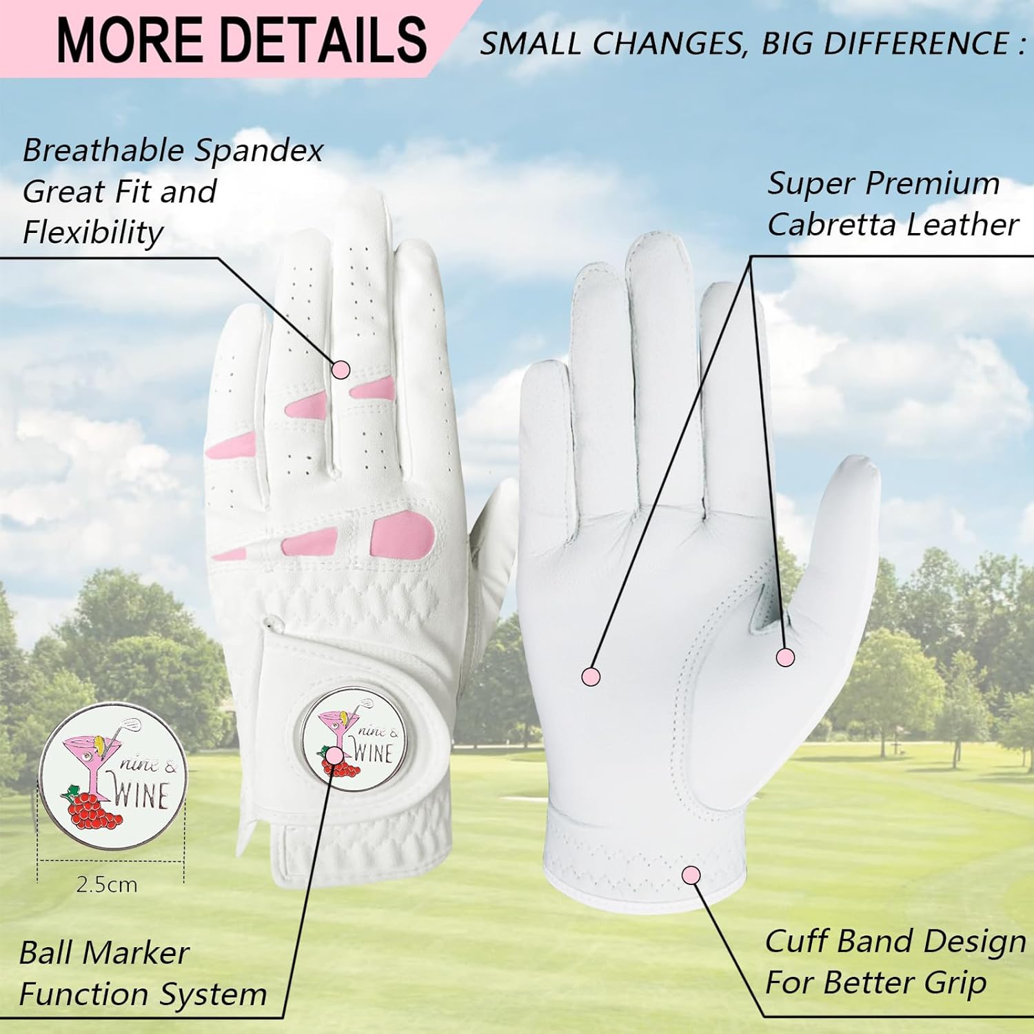 Women Golf Gloves Premium Leather with Magnetic Ball Marker Left Right Hand 1 Pack, Extra Grip for Ladies Comfortable Durable Size Small Medium Large - Image 2