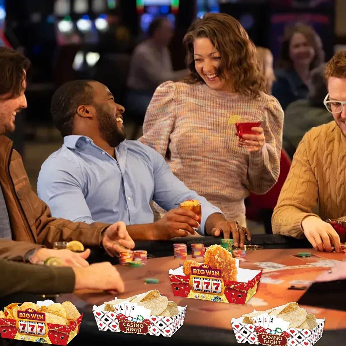 40pcs Casino Party Paper Food Trays Snack Bowls Chips Candy Popcorn Hot Dog Disposable Tray Las Vegas Casino Birthday Party Decorations