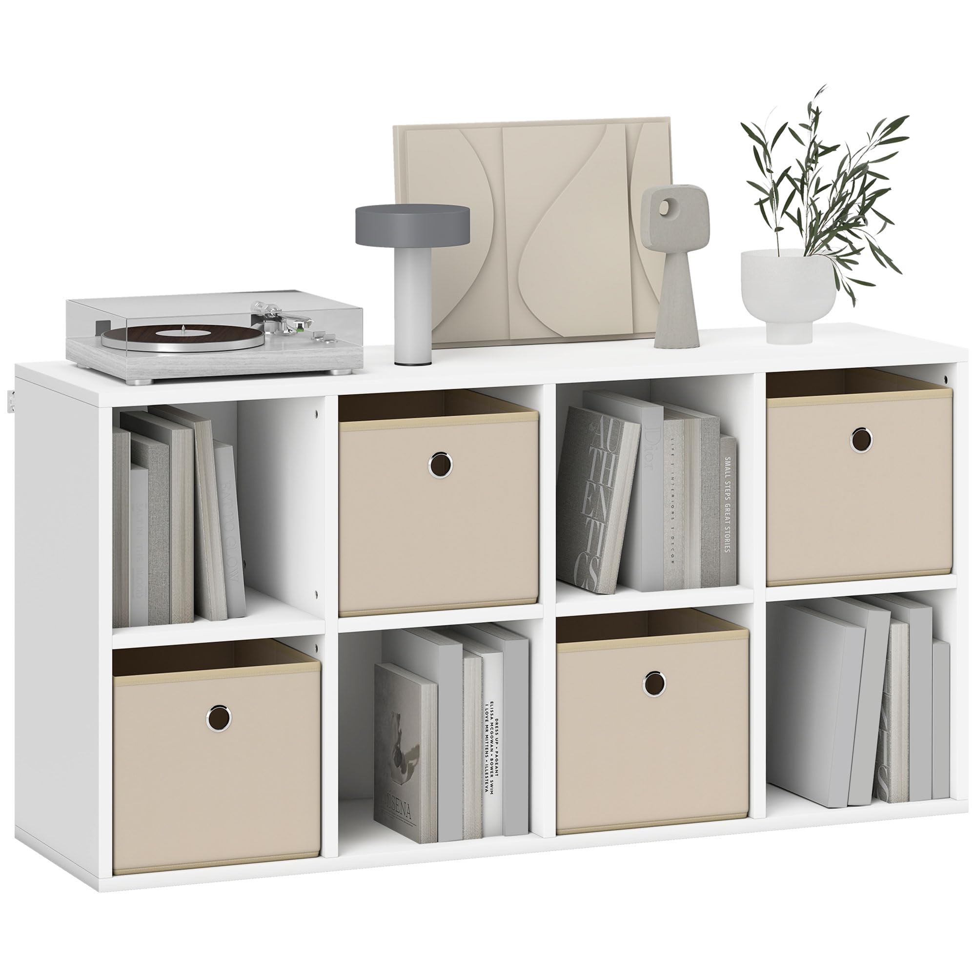 HOMCOM Estantería de 8 Cubos 4 Cajones Tela 105,9x30x53,7 cm Blanco y Beige | Librería, Estantería para Libros, Horizontal o Vertical, para Salón, Dormitorio, Estudio
