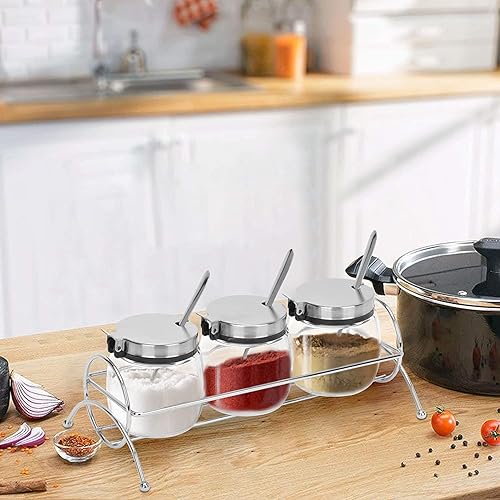 Miniatura 6 de only fire Recipiente para especias con tapas, cucharas de servir de acero inoxidable, estante base y etiquetas, botellas de condimento de vidrio,