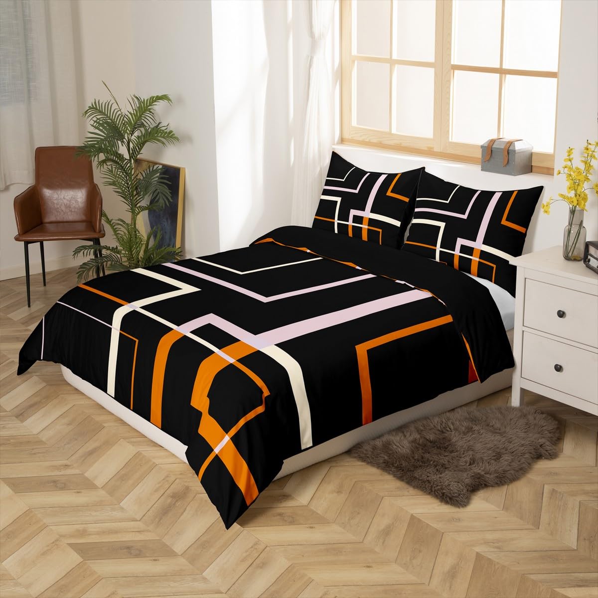Homewish Geometric Square Bedding Single Black and Orange Duvet Cover - Image 3