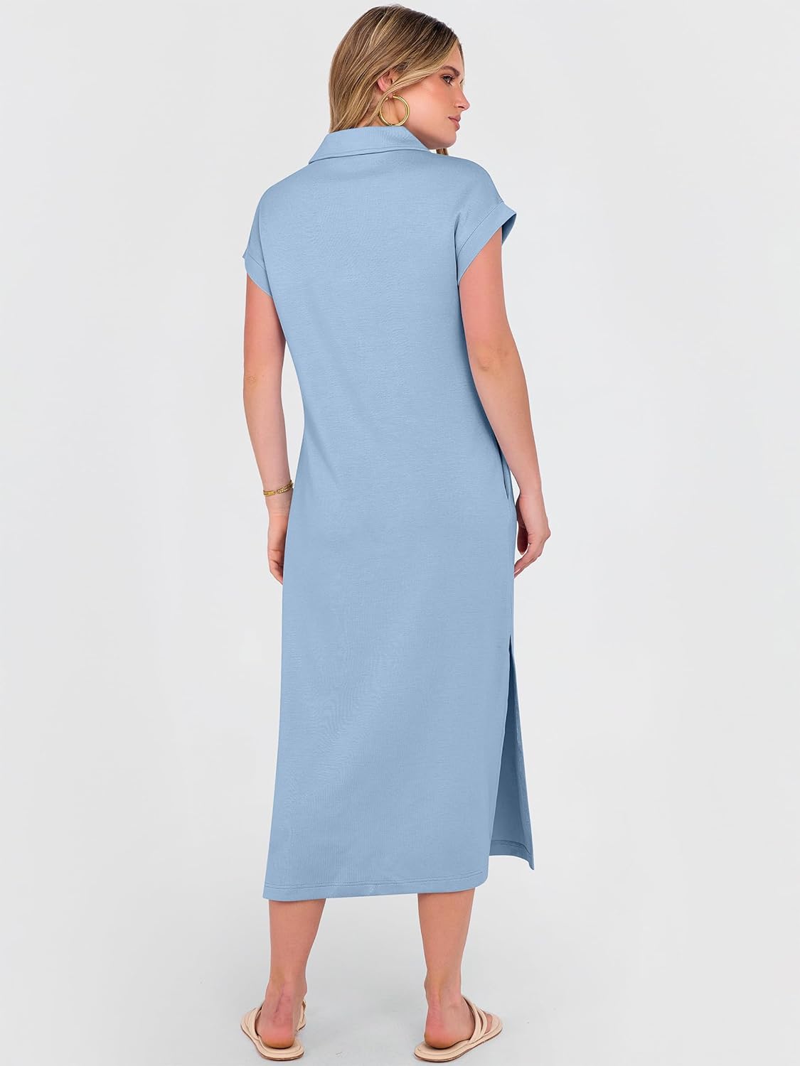 ANRABESS Womens Summer Casual Midi Dresses Short Sleeve Polo V Neck Loose Split Wrinkle-Free Beach Vacation Tshirt Maxi Dress - Image 5