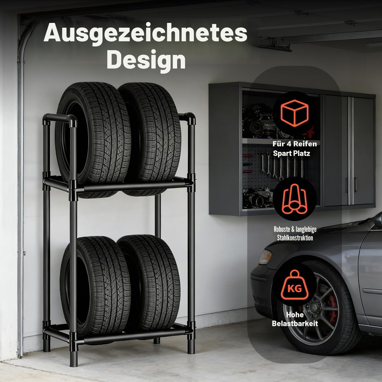 Felgenbaum Reifenständer für 4 Reifen,Höhenverstellbares Reifenregal | Robuste Stahlkonstruktion, Reifenständer für Garage & Werkstatt (57.2 x 37.3 x 114.6 cm)