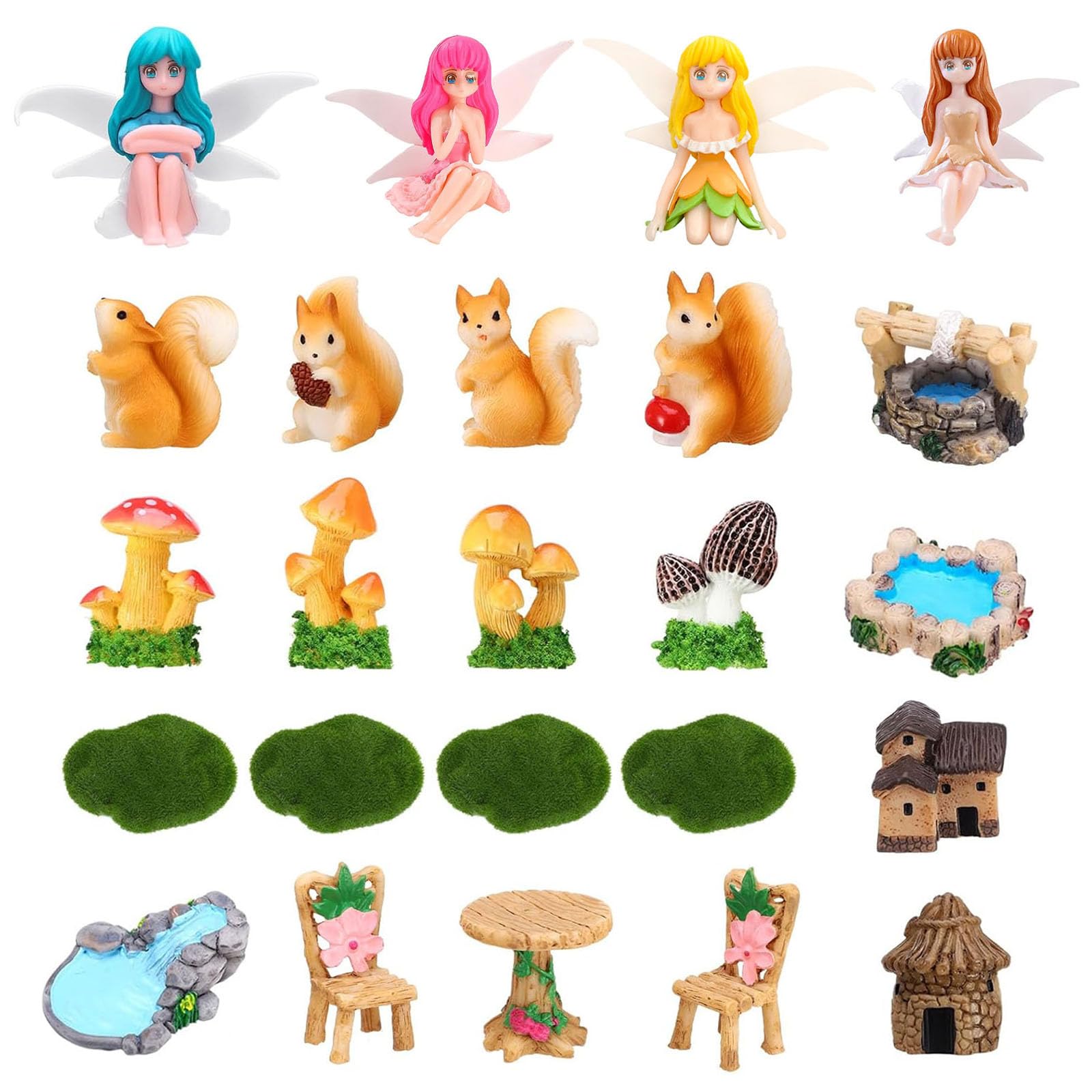 lbxtswpl 24 Pcs Fairy Garden Accessories, Miniature Fairy, Micro Landscape Resin Mini Squirrels Mushrooms Houses Table Chiar Garden Ornament for DIY Craft Gardens Succulent Decor