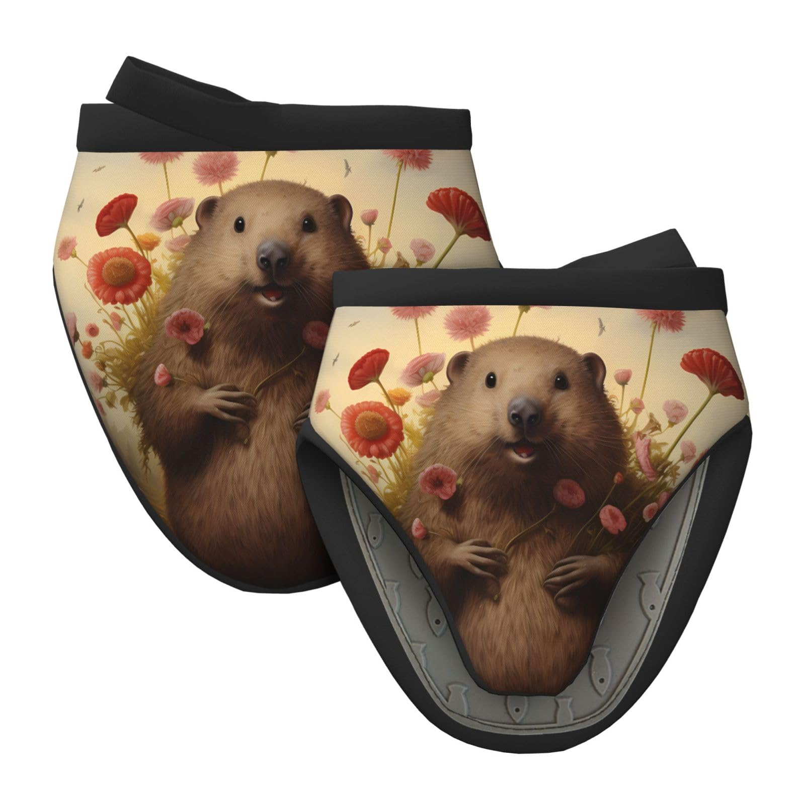 Silicone Oven Mitts, Heat and Slip Resistant Kitchen Mittens 2-Pack Set, Hapy Groundhog Short Soft Oven Gloves