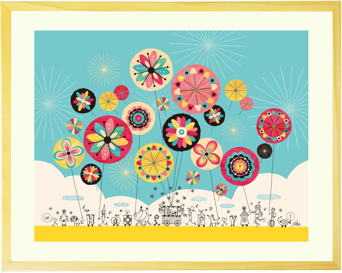 KAWAII ART for a Happy Life - Framed Art Parade of Happiness Japanese Painting for Wall - Artwork Gift for Women, Her, Wife, Mom, Birthday Gift (10.6x8.6inch)