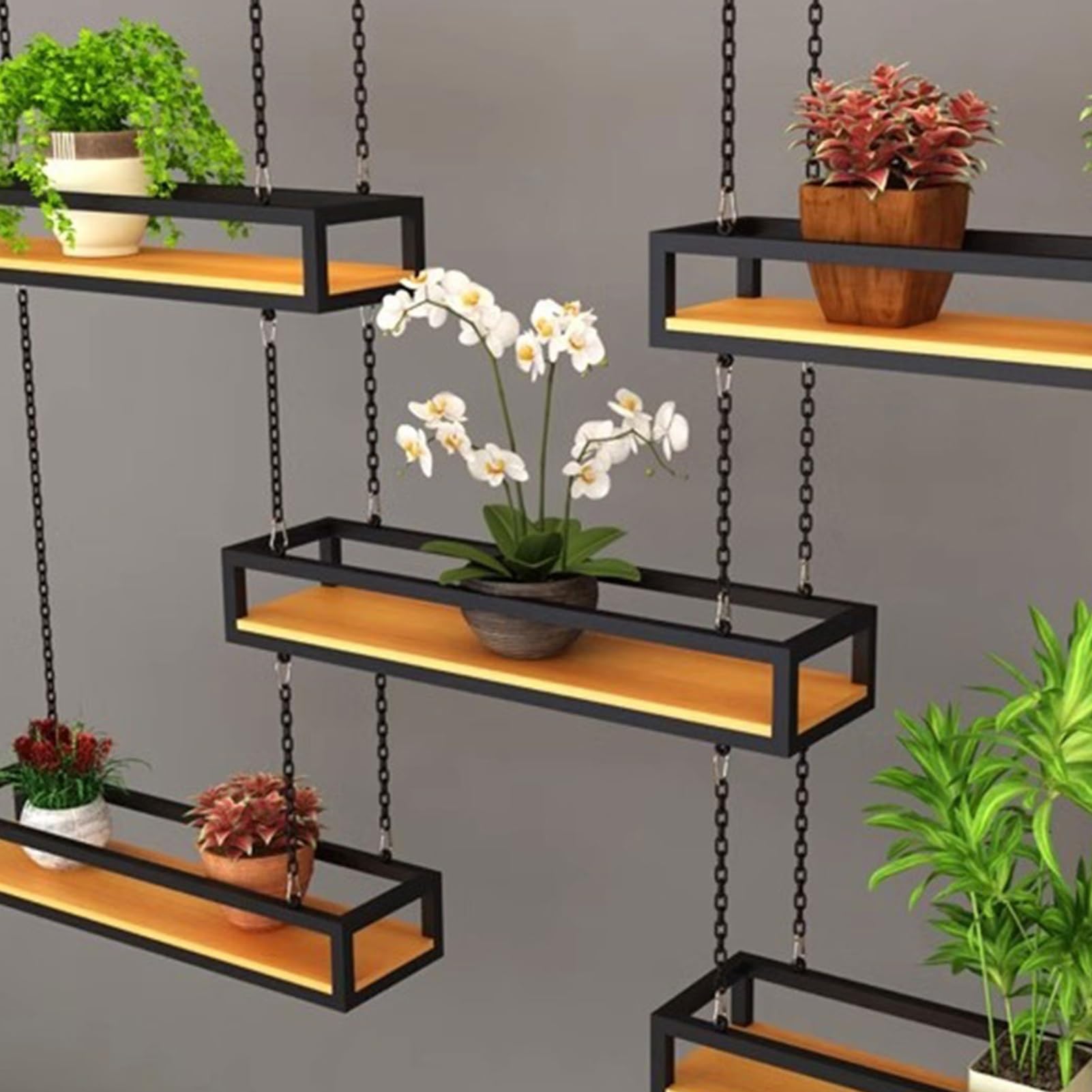 Junvstor Schweberegale Blumentopf Rack Lagerung, Decke hängen Blumenständer, kreative Pflanze Geländer Regal mit Massivholzplatte und Eisenrahmen, für Bar Flower Shop Balkon (Size : 60x25x15cm) Küche, Haushalt & Wohnen