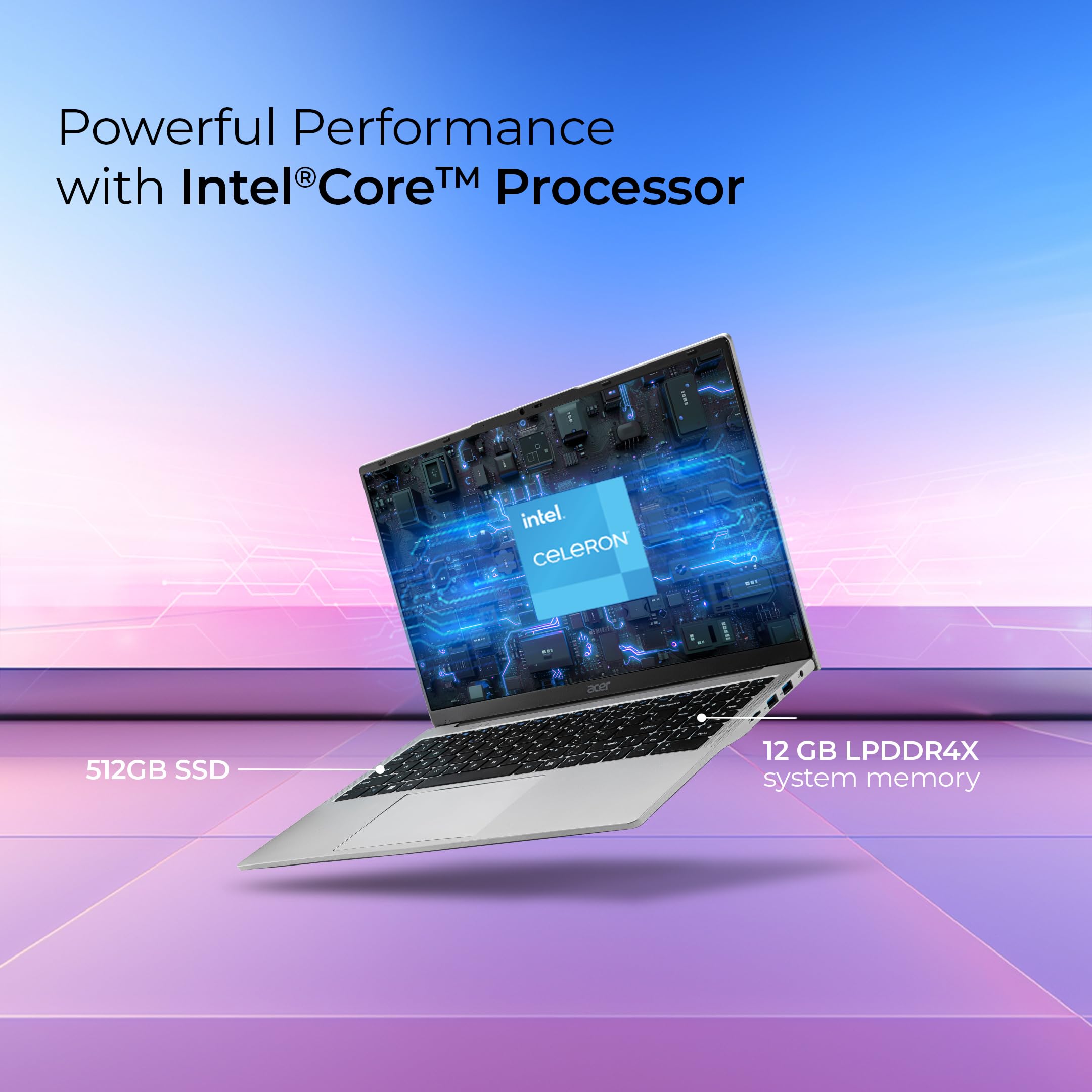Acer Aspire 3, Intel Core Celeron N4500, 12GB LPDDR4X RAM, 512GB SSD, HD, 15.6"/39.62cm, Windows 11 Home, Pure Silver, 1.5KG, A325-45, Thin and Light Laptop — Amazon image 3