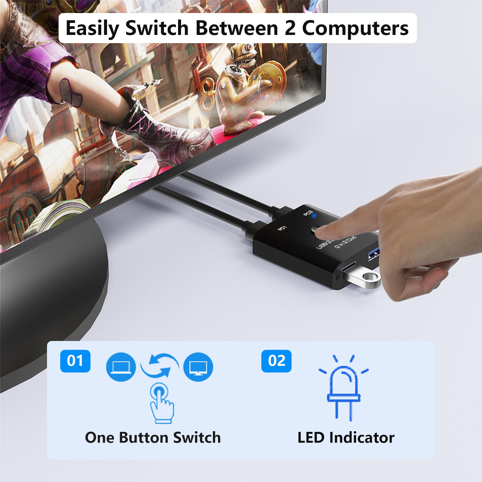 Interruptor USB 3.0 de 2 entradas y 2 salidas, conmutador USB para 2 computadoras compartiendo teclado, mouse, impresora, conmutador USB para Windows/Mac/Linux, interruptor selector USB de 2 puertos