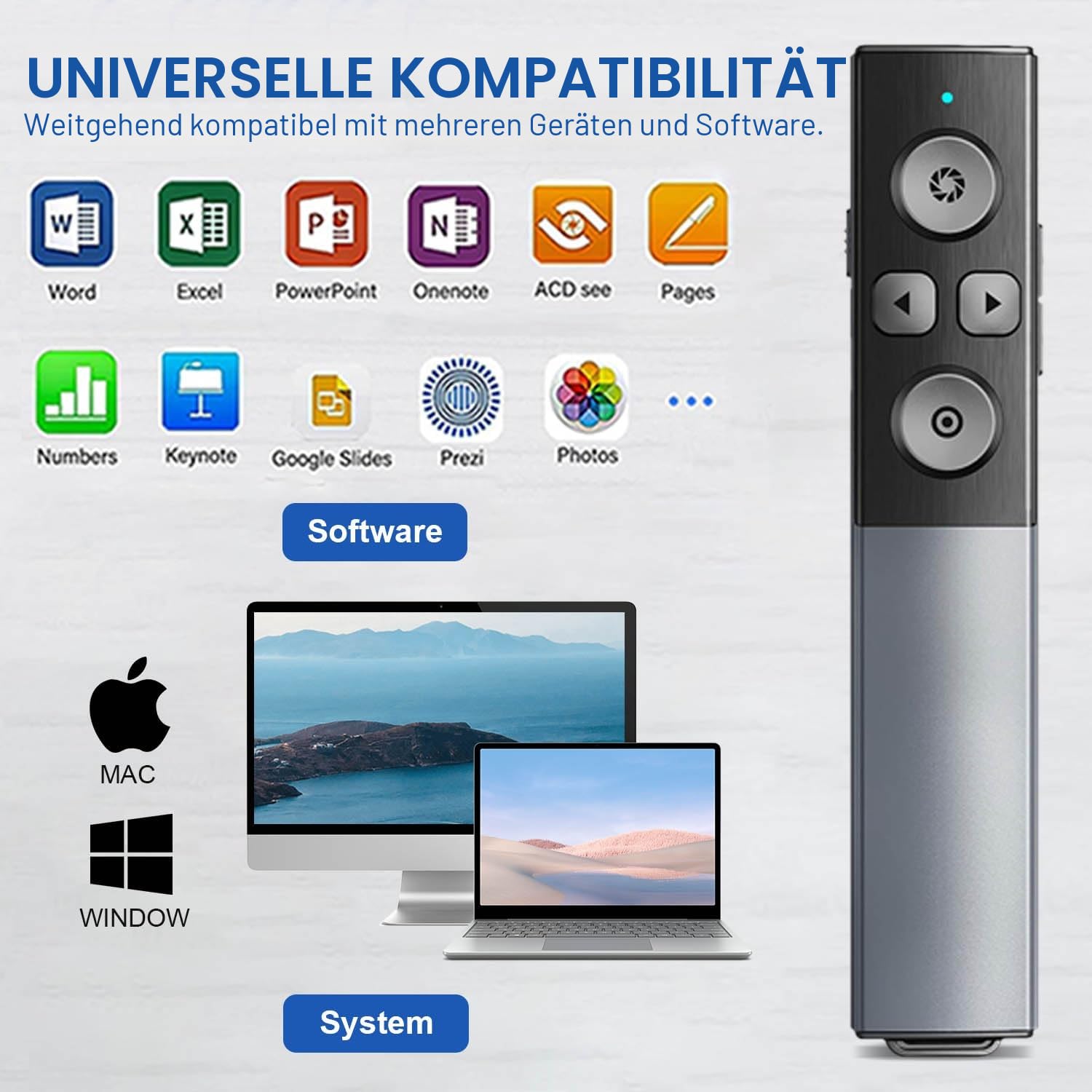 Metallgehäuse digitaler Wireless Presenter für Präsentationen mit Highlight Lupe Maus Timer, USB/Type-C 2 in 1 wiederaufladbar Präsentation Fernbedienung Präsentator Pointer für LED LCD TV Bildschirm