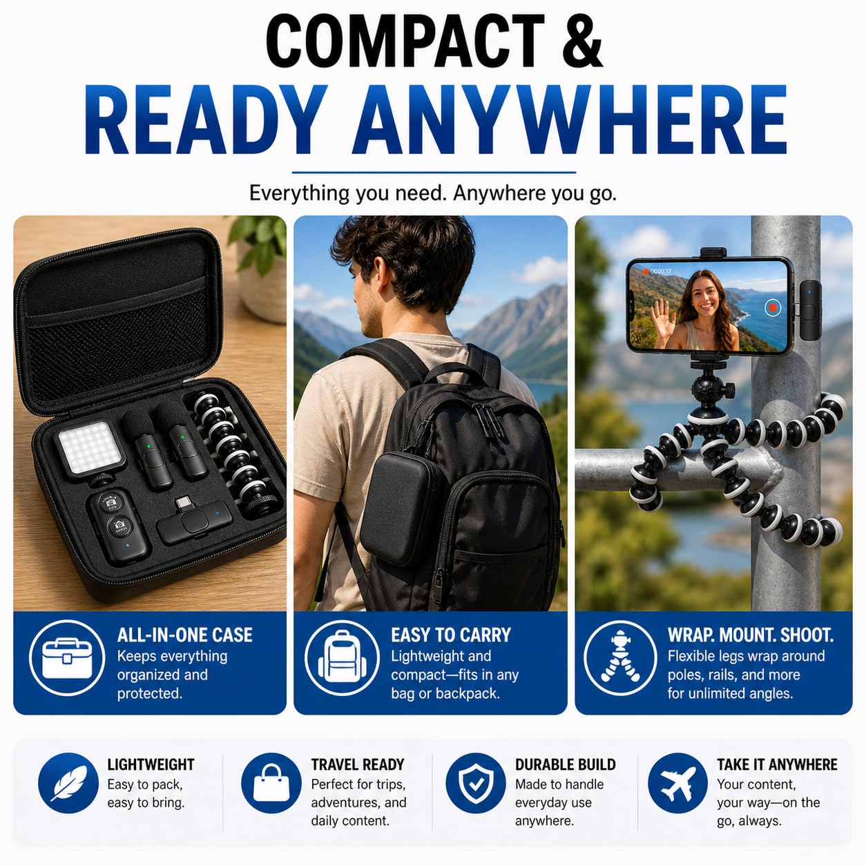 Acuvar Treppiede flessibile Vlogging Kit per iPhone, Android e GOPRO con luce LED, supporto per telefono, microfono, telecomando Bluetooth, custodia rigida per live streaming, videochiamate, Vlogging,