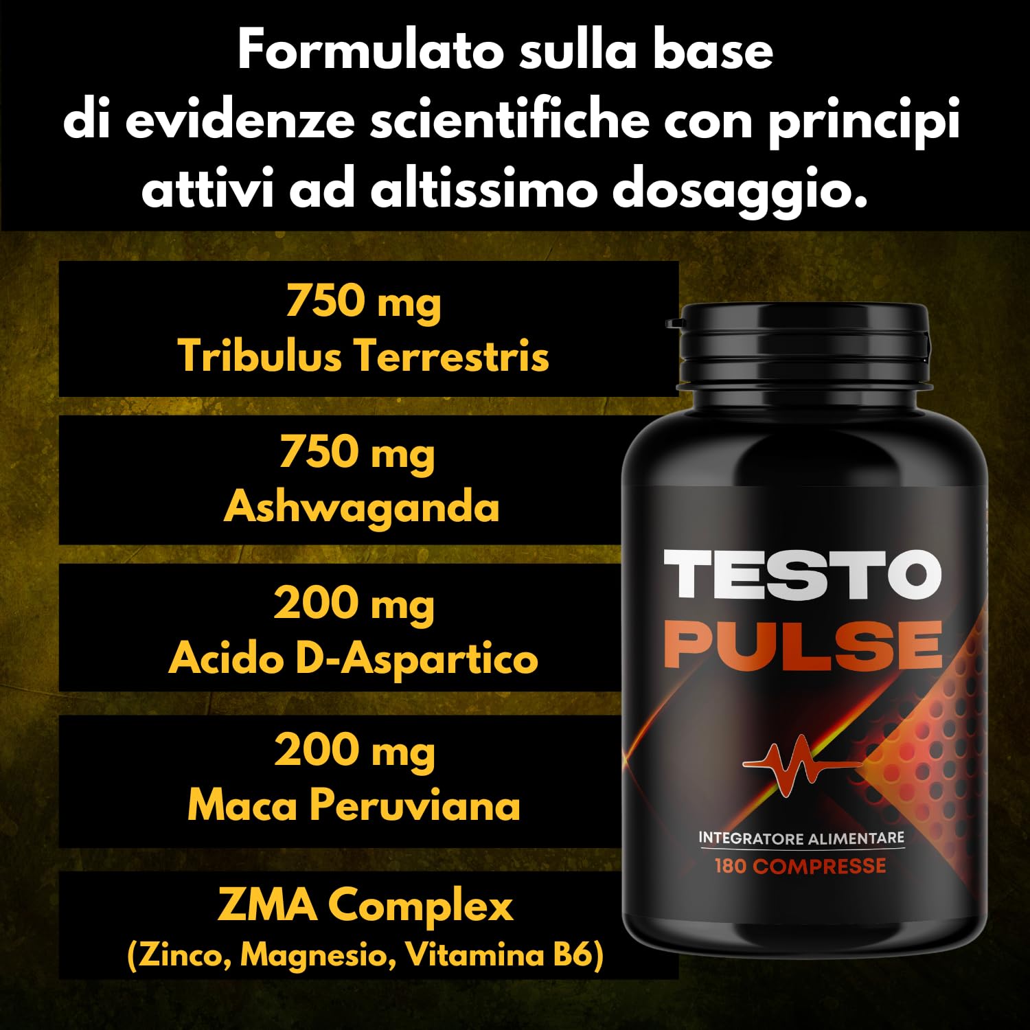 Testosterone Uomo | 180 Compresse | Azione Booster Rapida e Potente | Aumento Massa Muscolare Uomo I Alto dosaggio di Tribulus Terrestris, Maca Peruviana, Ashwaganda e ZMA, Testo Pulse