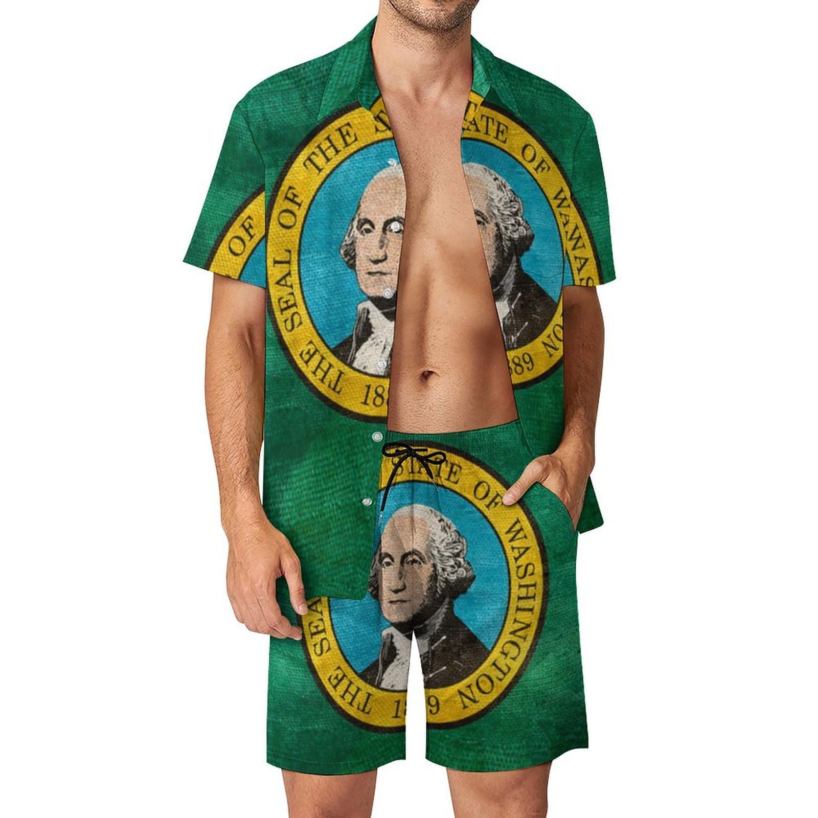 Camisa de botones y pantalones cortos de playa de Washington para hombre conjunto de 2 piezas 8