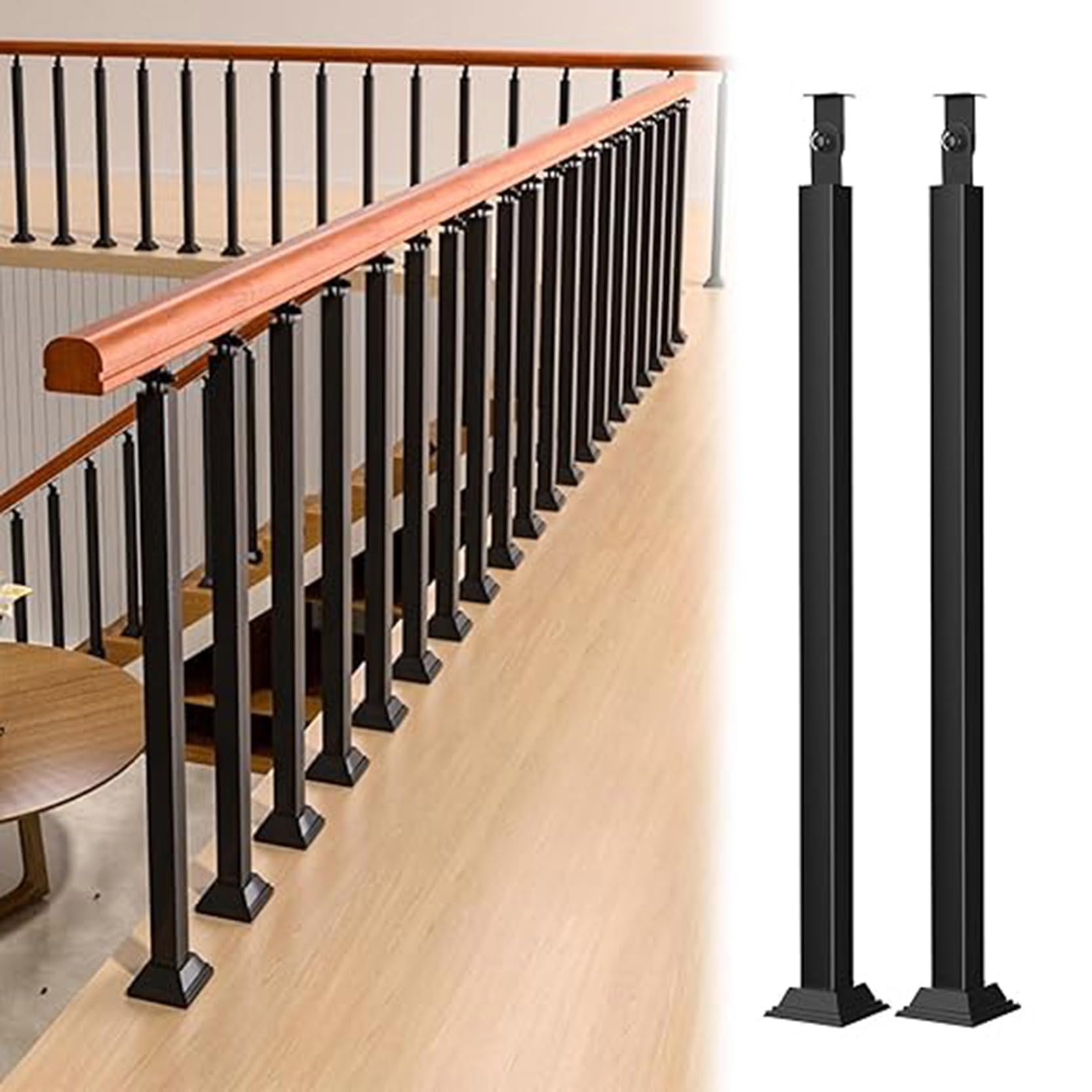 GOUZIBHD 2 Pack Square Stair Baluster Posts,270° Adjustable Metal Railing Stair Post with Flat Support Base,Metal Hand Railing Spindles for Deck Balcony Stair Railing(Size:90cm/35.4in,Color:Black)