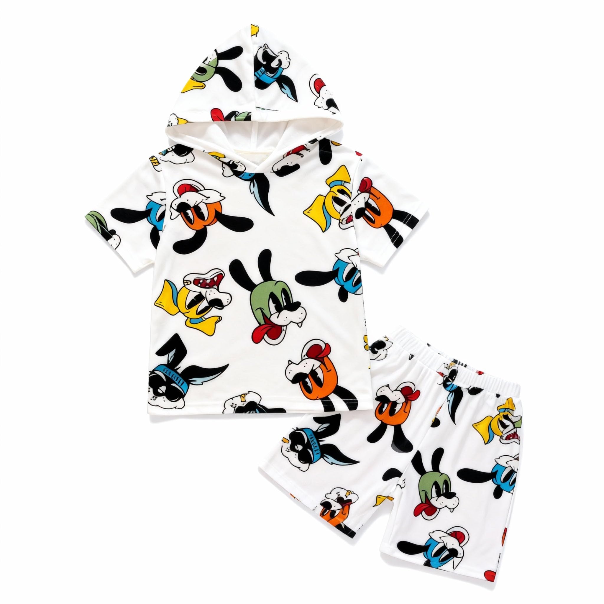 Conjunto de 2 piezas con estampado de dibujos animados, camiseta de manga corta con capucha y pantalones cortos para niños y niñas, ropa casual de verano — view 7