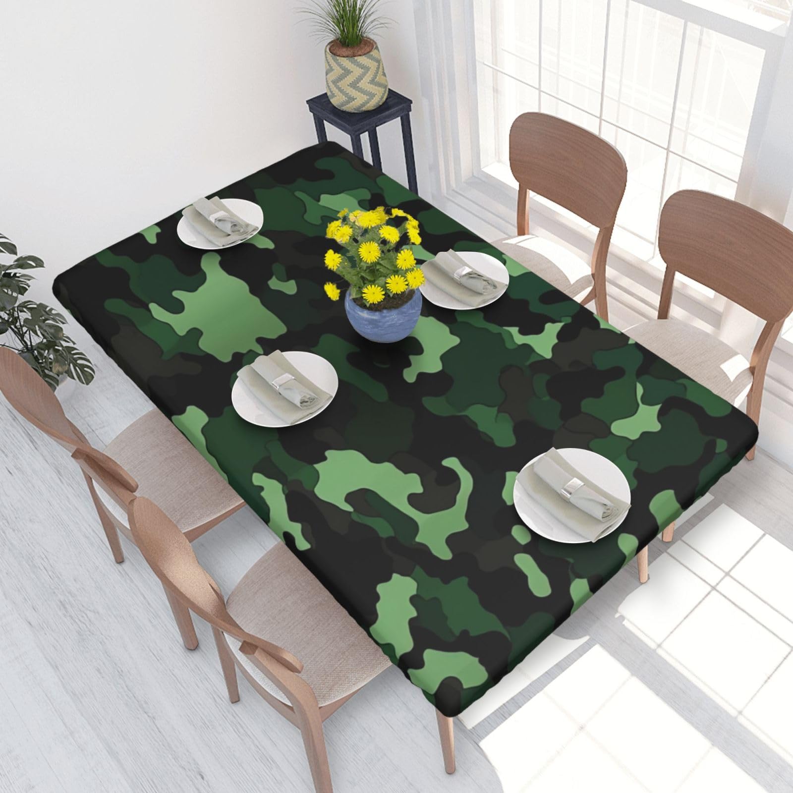 DCARSETCV Green camouflage Printed 4FT Waterproof Tablecloth with Elastic Edged Protect & Decor Your Table, Oil-proof Washable Table Cloth Cover for Dinner Picnic Party