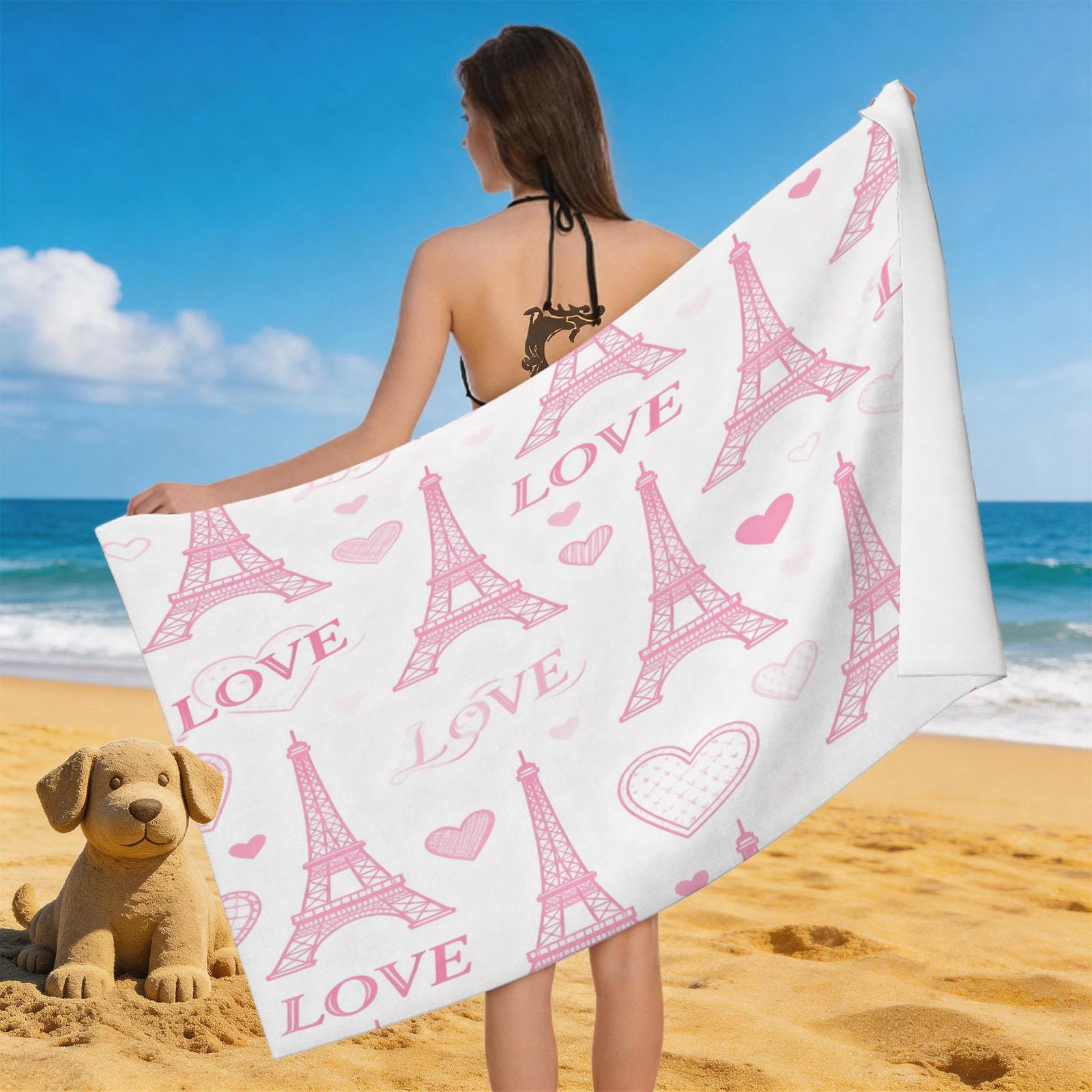 Leichong 3D Eiffel Tower Beach Towel Microfiber Soft Quick Dry for Adults, Cartoon Bath Towel Lightweight Soft Absorbent for Travel Swimming Pool Sports, 75 x 150 cm