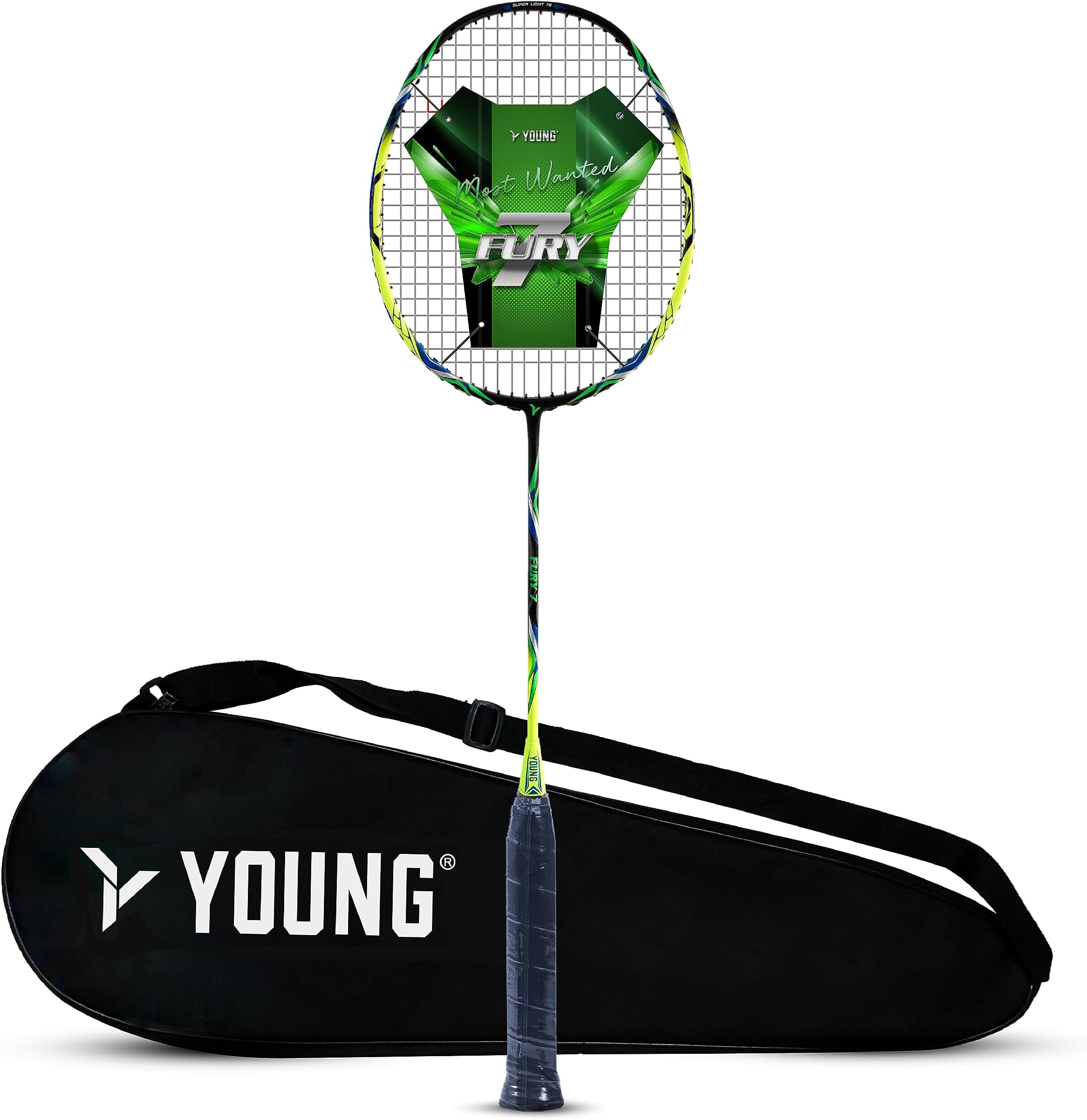 Young (Malaysia) Fury 7 Graphite Lightweight Professional Badminton Racket, Head Light, One Piece High Modulus Graphite, Strung, (Black/Yellow), Includes Full Cover