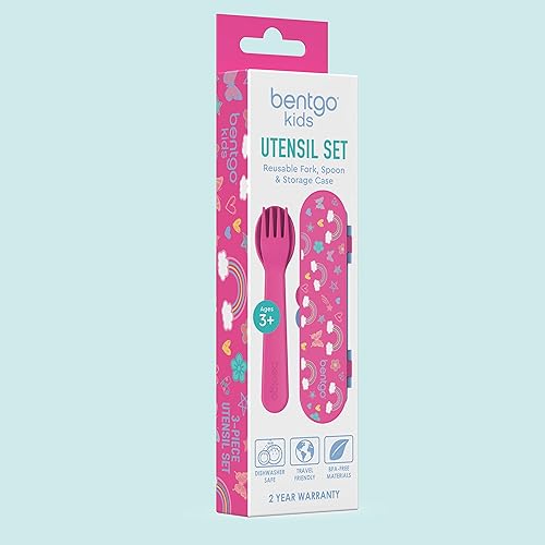 Miniatura 7 de Bentgo Juego de utensilios para niños, tenedor, cuchara y estuche de almacenamiento de plástico reutilizable, materiales sin BPA, asas de fácil